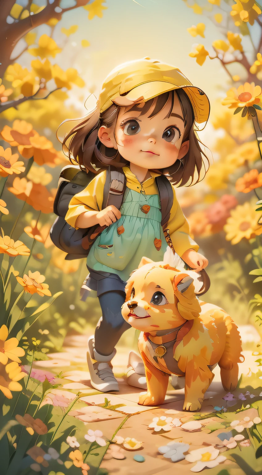 A very charming little girl with a backpack and her cute little dog enjoying a lovely spring outing surrounded by beautiful yellow flowers and nature. The illustration is a high-definition illustration in 4K resolution with highly detailed facial features and cartoon-style visuals.