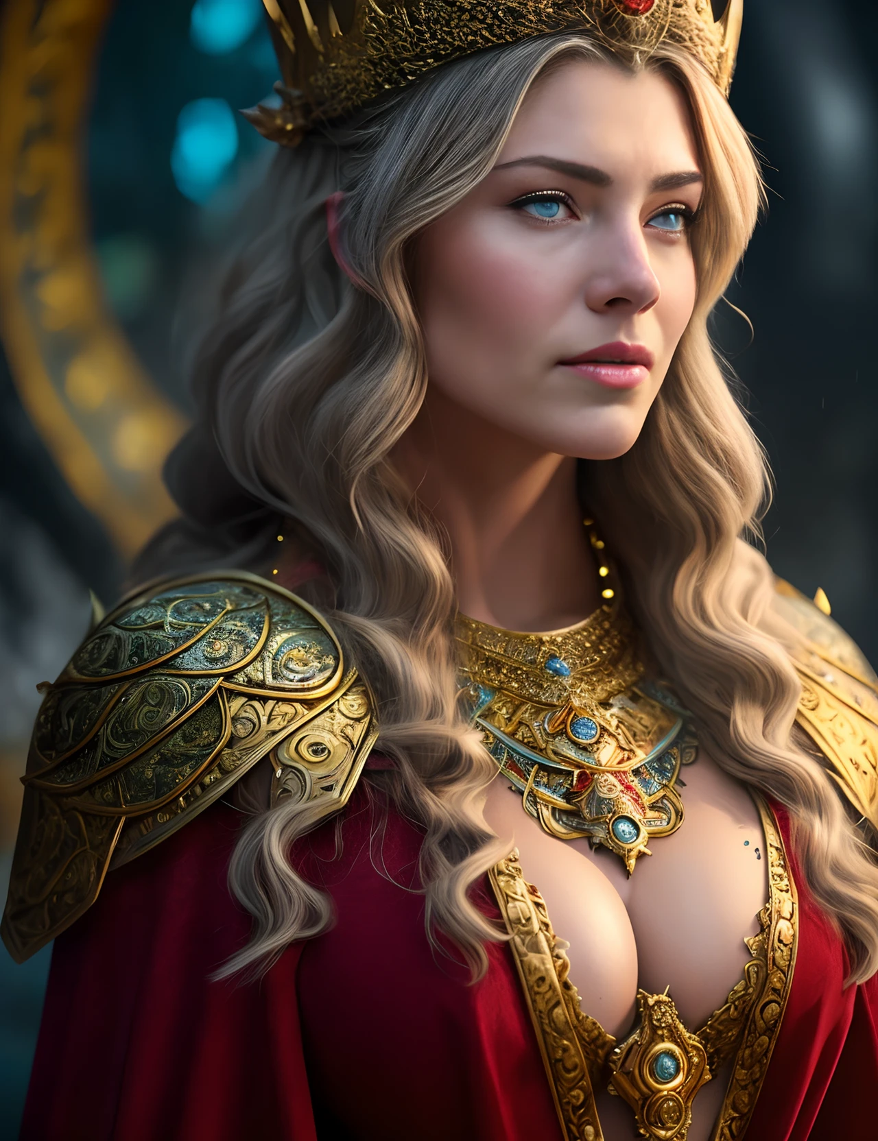 Full body Portrait of the Great Nordic Queen, a very gorgeous woman, 40 years old, erotic warrior costumes, dark red styled fluffy hair, natural Blue eyes, a nose with a bump, an elongated chin, dressed in ancient national,
8k resolution, dynamic lighting hyperdetailed intricately detailed Splash art trending on Artstation triadic colors Unreal Engine 5 volumetric lighting, oil painting, heavy strokes