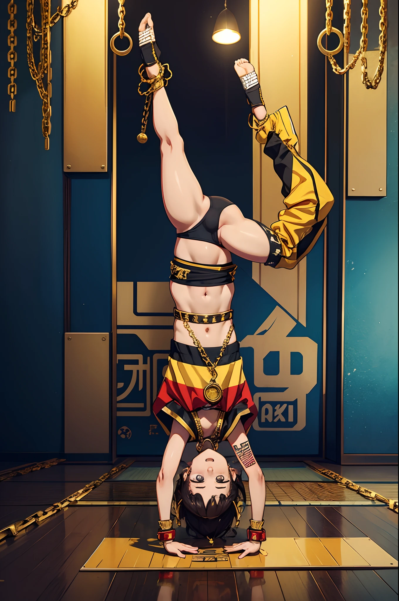 japanese bgirl breakcore full movment bboy culture handstand, breakdancing, studio, drapping with gold chains on her neck