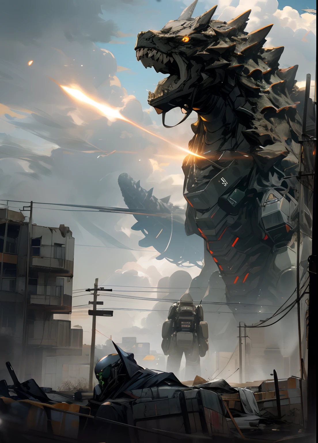 Skysky，​​clouds，Godzilla (Body red glows 0.5)，Crumbling city buildings，scientific fiction，Realistis，There are no humans，Body lines of the beast