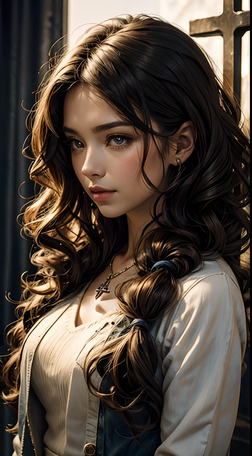 Woman curls and christian cross