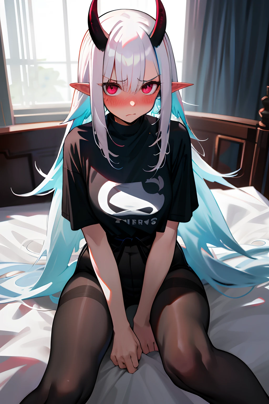 One girl with long hair, white hair, looking at viewer, embarrassed, blushing, indoor , oversized naked black t shirt, t shirt only, thigh, pointy ears, demon wings, demon king, demon horn, perfect waist, pantyhose, bed, sit on, spread legs