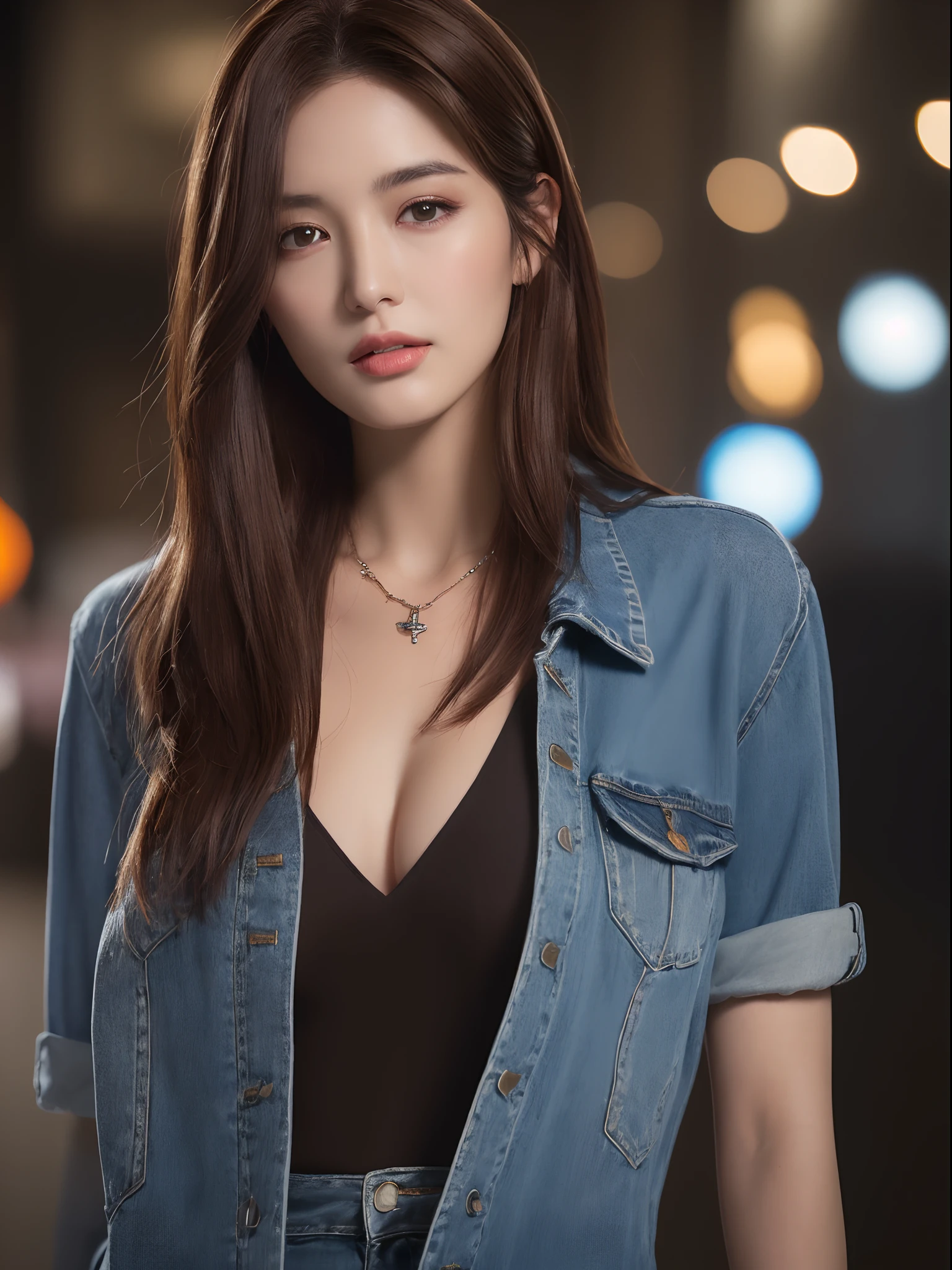 ((Best quality, 8k, Masterpiece :1.3)), A pretty woman with perfect figure :1.4, sharp eye, Slender abs :1.2, ((Dark brown hair, medium breasts :1.4)), (wearing white shirt, Jean :1.1), , necklace, watch, night City street:1.2, Highly detailed face and skin texture, Detailed eyes, Double eyelid
