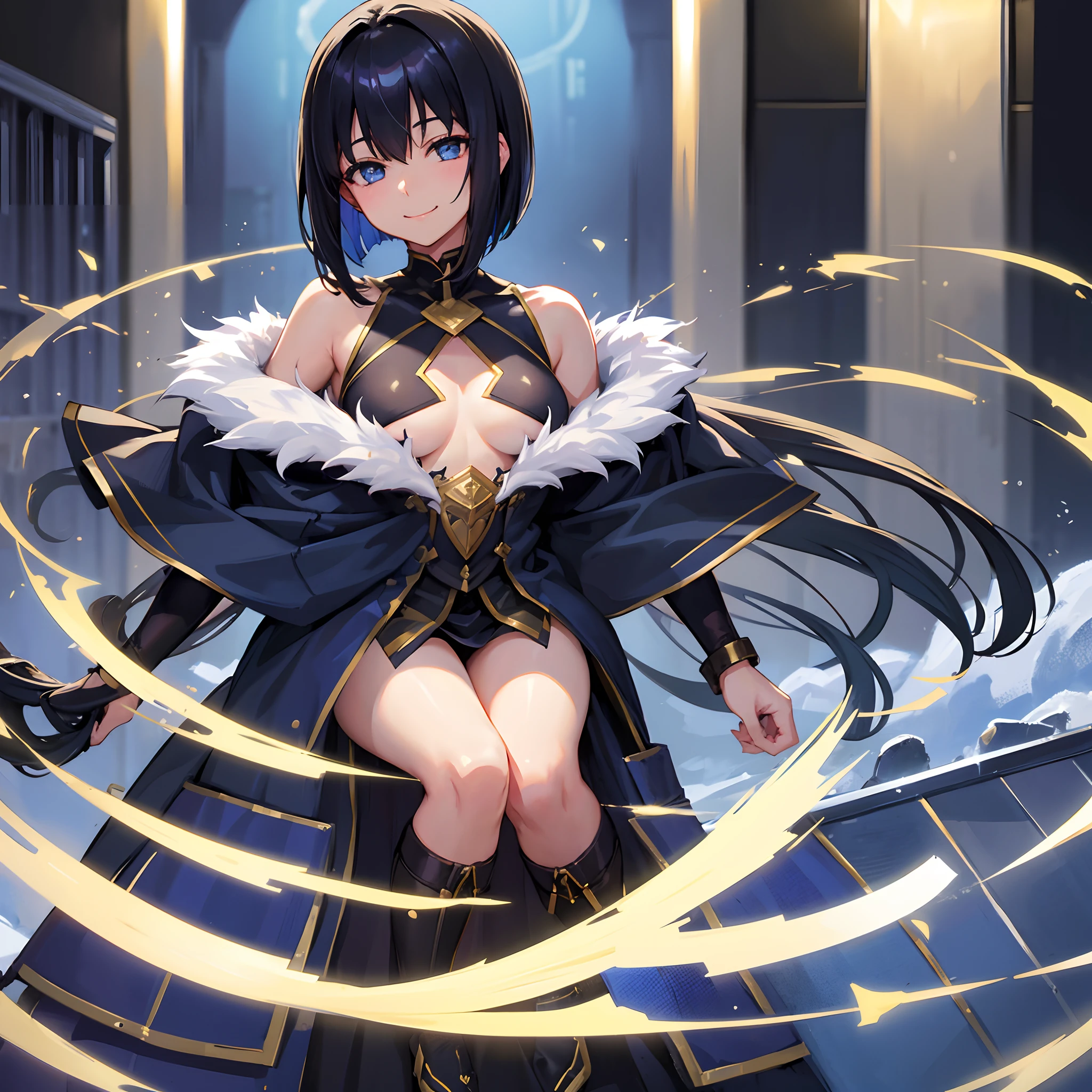 Girl having sex、Blue and gold eyes、(One Woman:1.2)、24 year old、shoulder-length black hair、Medium bob、Hotel、Medium chest、A smile、top-quality、(teats)、pubick hair