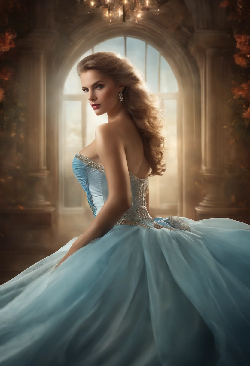 Junge Cinderella,Erotisches Outfit,strapse,very wide open dress , beautiful face and body,anmutig,arrogant but seductive look. Sehr leuchtende Farben, Lichtteilchen, mit leuchtendem Licht, Mshiff, wallpaper art, UHD-Hintergrundbild,Fantasy Hintergrund ,verschiedene Erotische modelpositionen