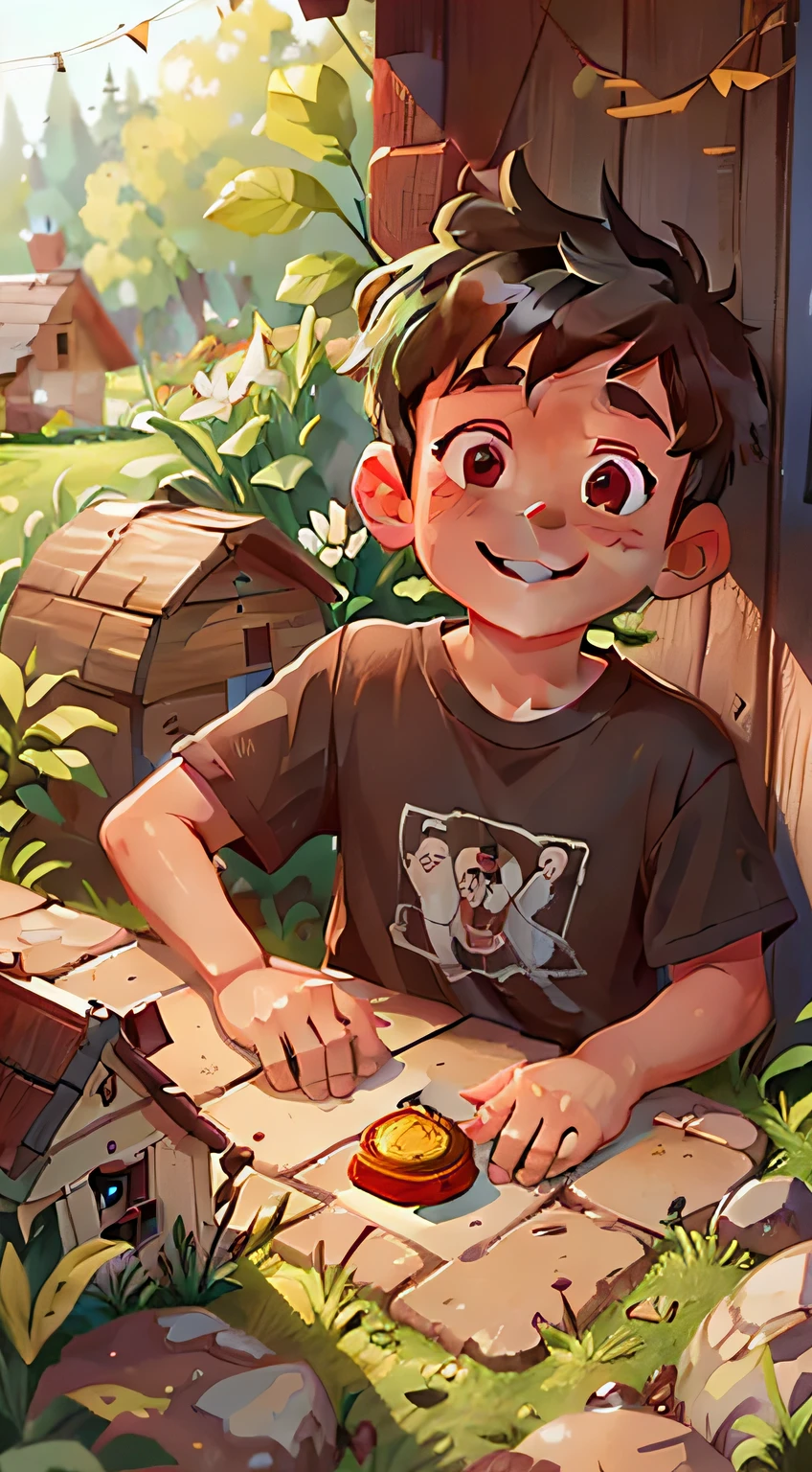 JOHN, a poor boy, , cute, brown hair, perfect look, brown eyes, perfect face, kind look, kind smile, playing in the garden near his humble cabin on the hill, with a hole in his shirt, happy, holding a shinning gold coin in his hands