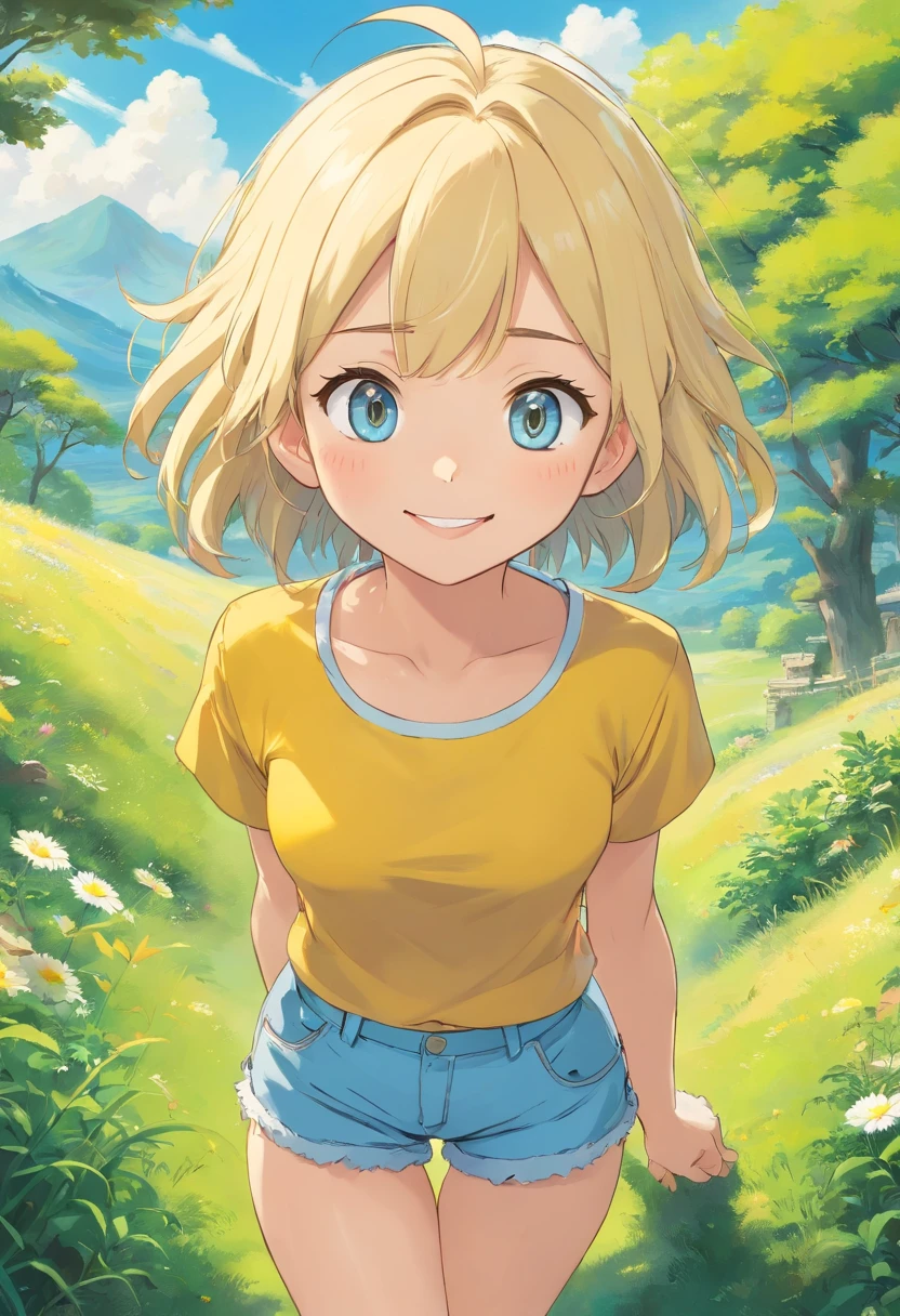 top-quality、tmasterpiece、8K、Wears yellow short sleeves,Light blue super shorts,Open navel,blond girl(Long、Golden eyes、A smile)、Fantastical、blue-sky、lush grassland、low angles、Floating in the air、foco nítido:1.2.,short detailed hair,Sunny and cheerful,