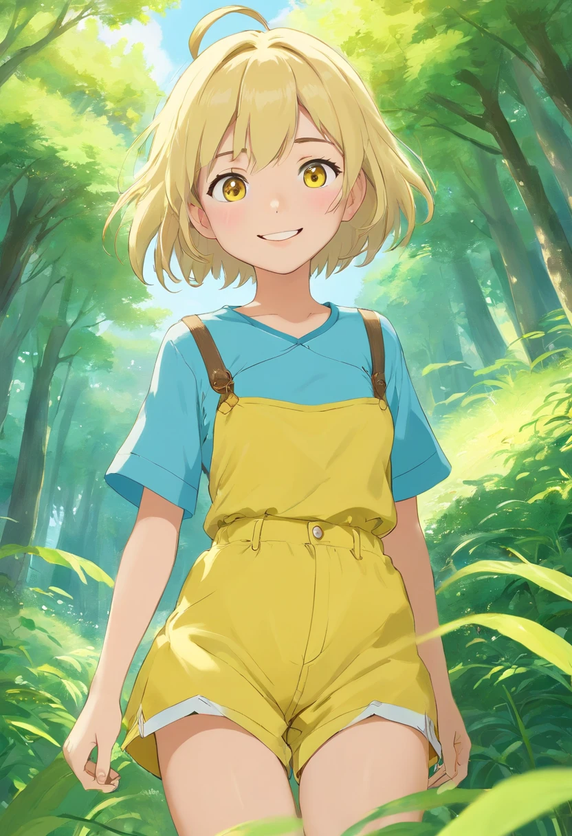 top-quality、tmasterpiece、8K、Wears yellow short sleeves,Light blue super shorts,Open navel,blond girl(Long、Golden eyes、A smile)、Fantastical、blue-sky、lush grassland、low angles、Floating in the air、foco nítido:1.2.,short detailed hair,Sunny and cheerful,dazzling