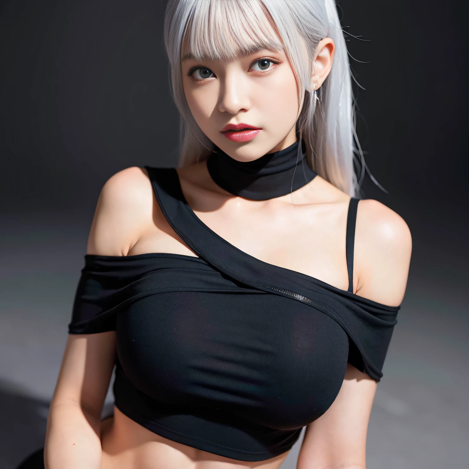 best quality, ultra high res, (photorealistic:1.4), 1girl, off-shoulder white shirt, black tight skirt, black choker, (faded ash gray hair:1), (huge breasts:1.2), looking at viewer, closeup ,