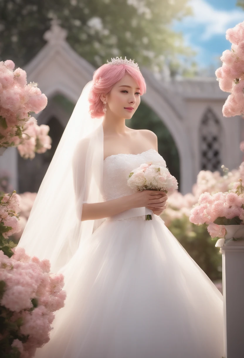 Sakura haruno, ((solo)), alone, bride, wearing a white wedding dress, queen, happy, ((forehead to show)), standing, entering the church, pink hair, short hair, delicate, young, short hair, detailed face, high definition, ((full body)), (flowers around her), full body, she is a beautiful woman getting married, face with high quality, beautiful, radiant