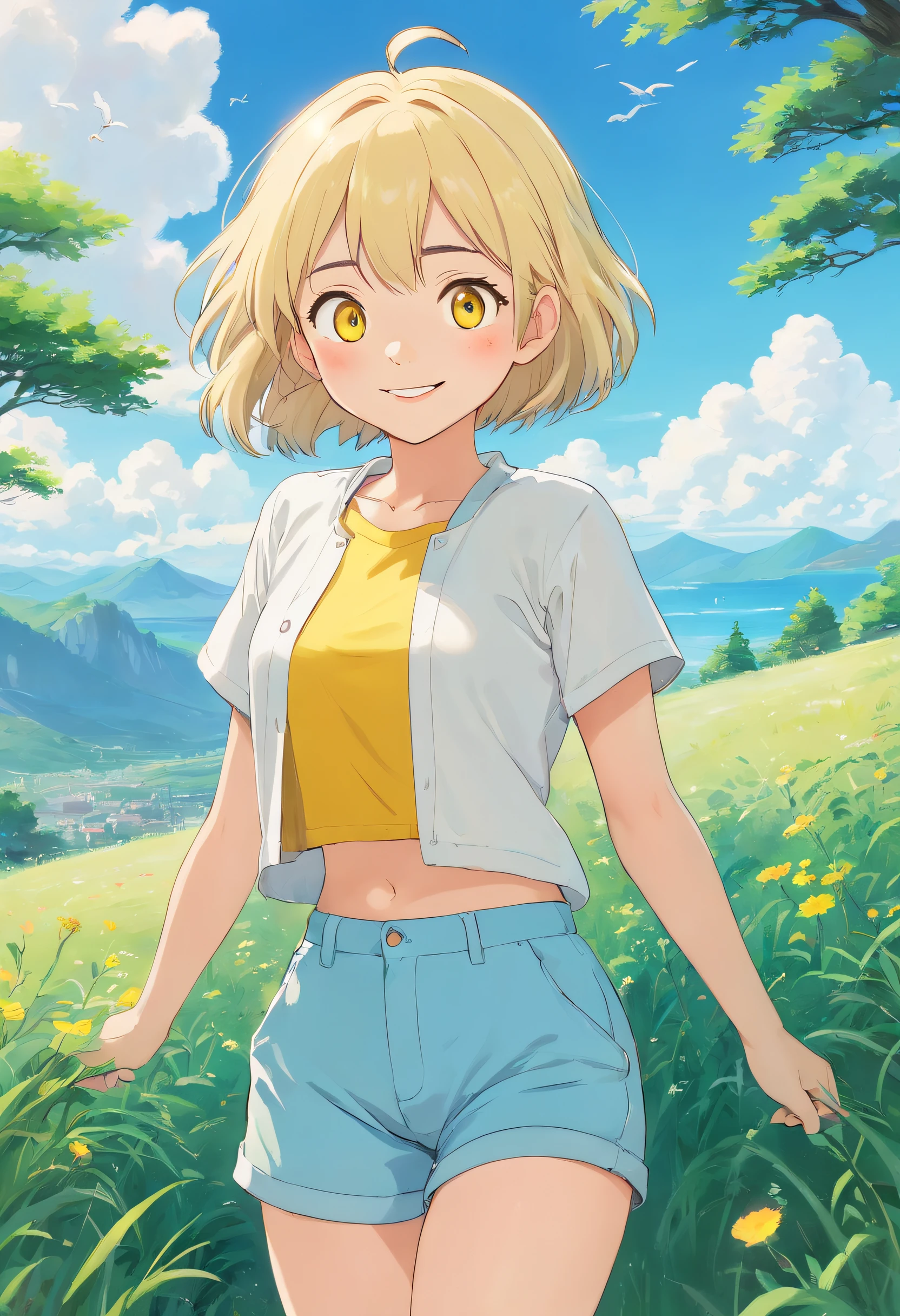 top-quality、tmasterpiece、8K、Wears yellow short sleeves,Light blue super shorts,Open navel,blond girl(Long、Golden eyes、A smile)、Fantastical、blue-sky、lush grassland、low angles、Floating in the air、foco nítido:1.2.,short detailed hair,Sunny and cheerful,dazzling