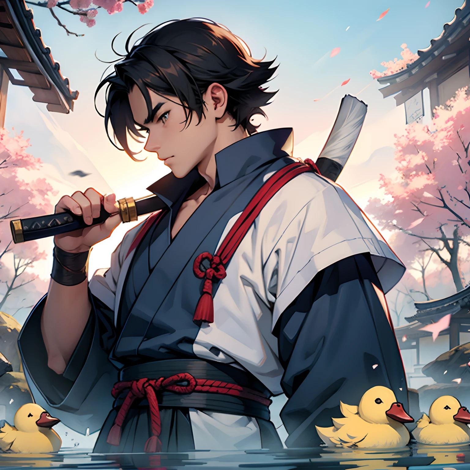Un pato samurai kawaii