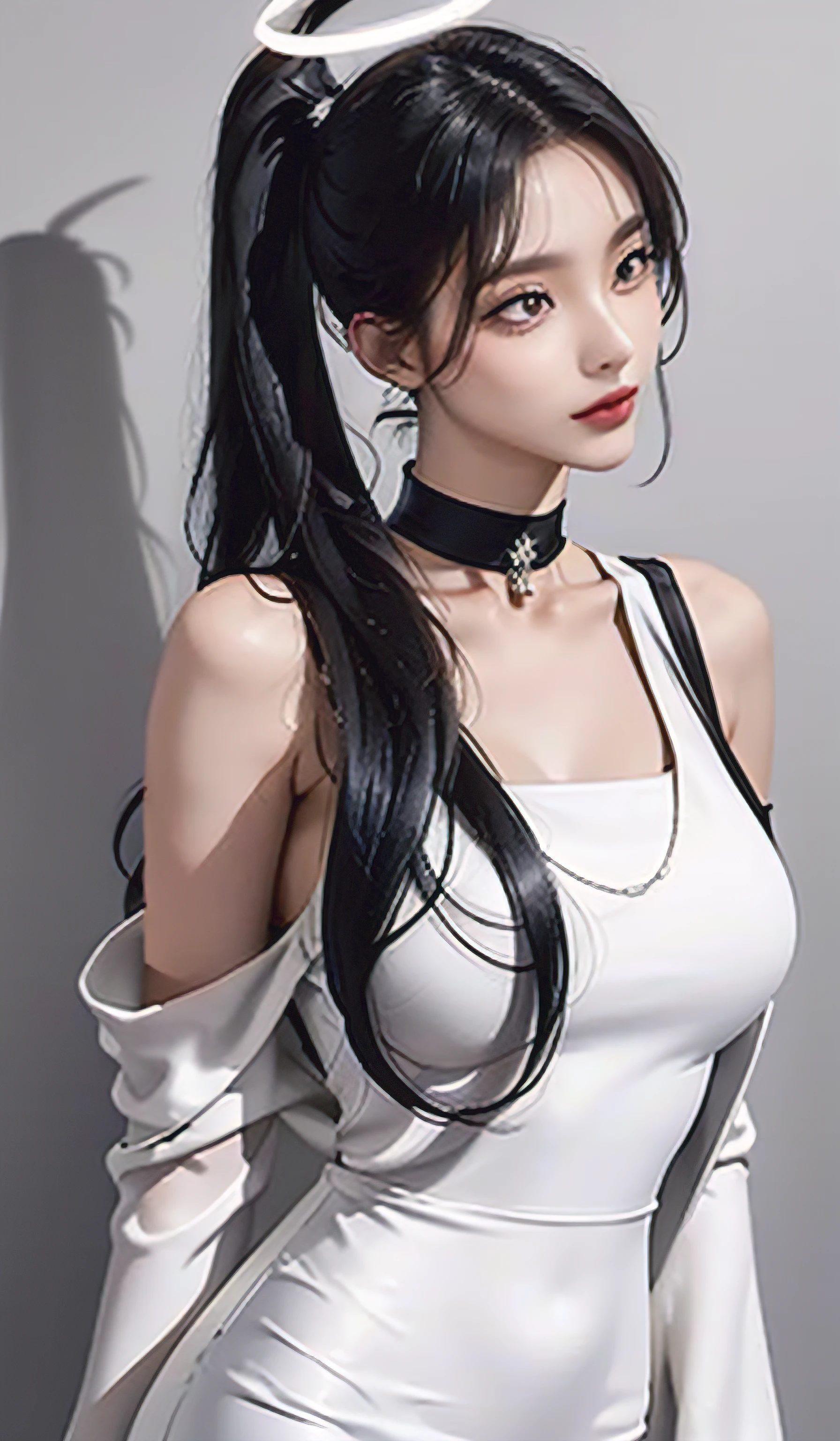 Cowboy shot, (Black wings:1.2), Very long hair, Side ponytail, choker necklace, Holding, cropped shoulders, (White dress:1.3), White jacket,Halo,