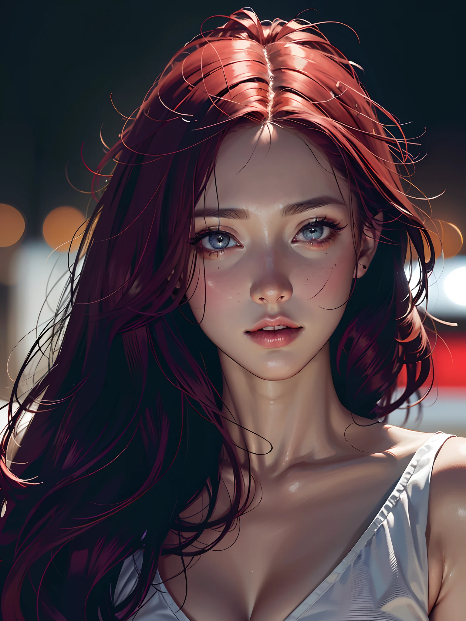 (best quality, masterpiece, colorful, dynamic angle, highest detailed) upper body photo, cute girl, most beautiful, intense long red hair, wearing black sports bra, (ultrahigh resolution textures), cleavage, large breasts, in dynamic pose, bokeh, nsfw, (intricate details, hyperdetailed:1.15), detailed, (extreme detailed, highest detailed), HDR+