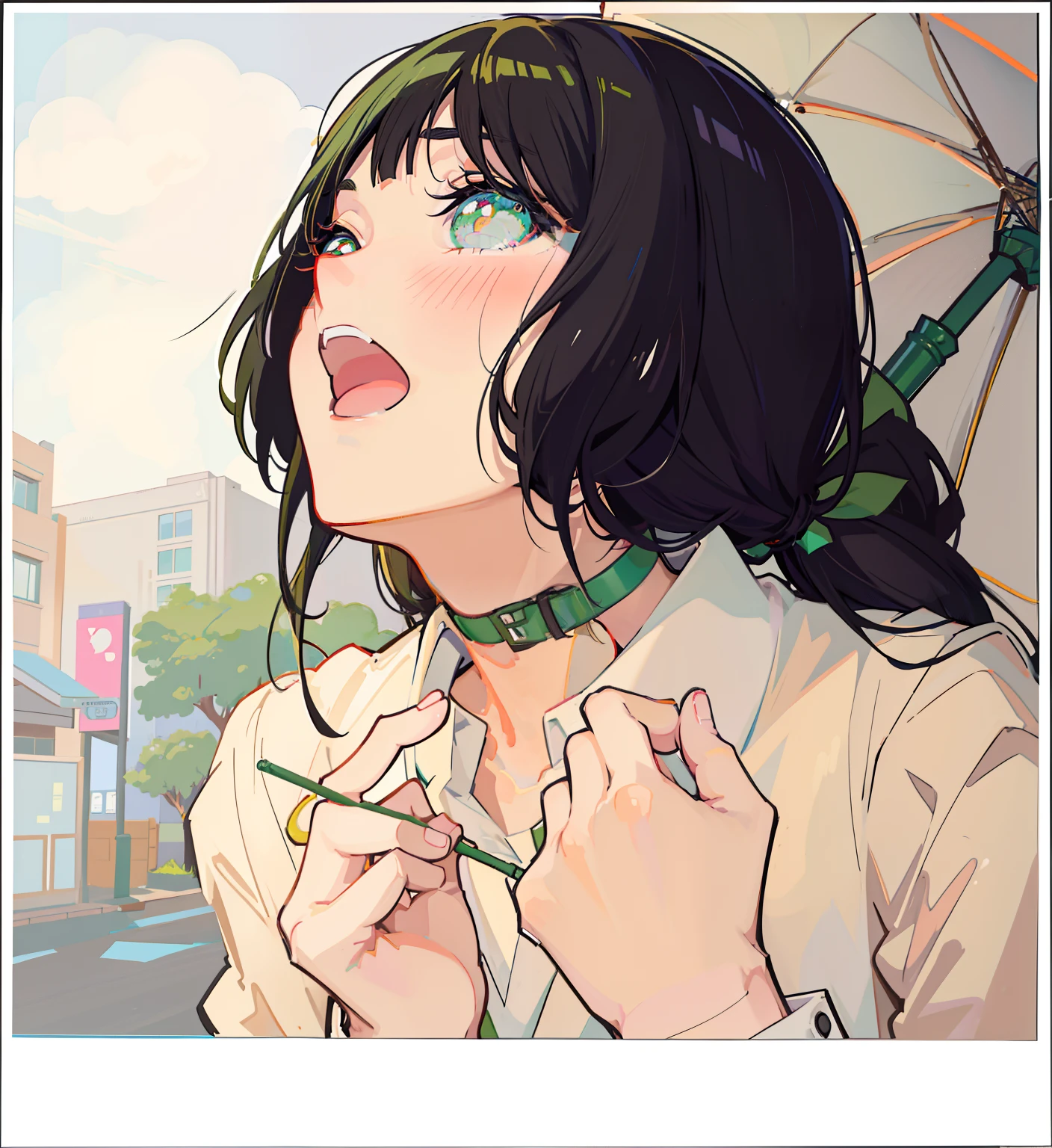 Anime girl with black hair and green collar, holding a green umbrella, gapmoe yandere, digital anime illustration, Manhwa, hinata hyuga, anime moe artstyle, in anime style, in anime style, Nagatoro, digital manga art, realistic anime style, shikamimi, chihiro! fujisaki, umamusume