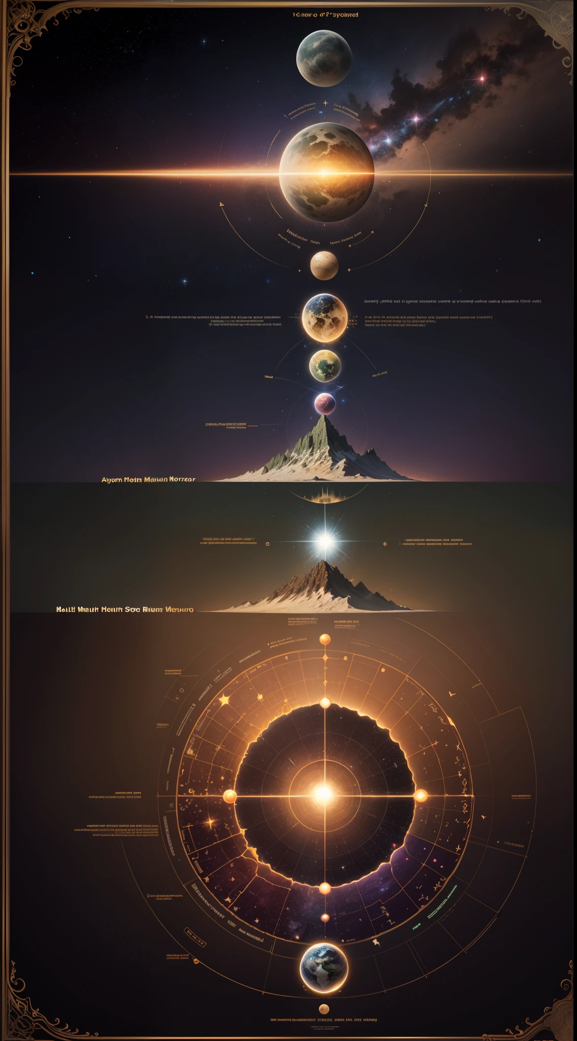 Mount Meru,Hierarchical diagram of multi-layered universes,Detailed chart annotations,Triangle boundary,The dividing line of mysticism,Mountain and planetary hierarchy,Surrounded by stars,Star chart,Very much detail is rich,Complex display charts,Alchemy Universe,Astronomy Teaching Diagram,