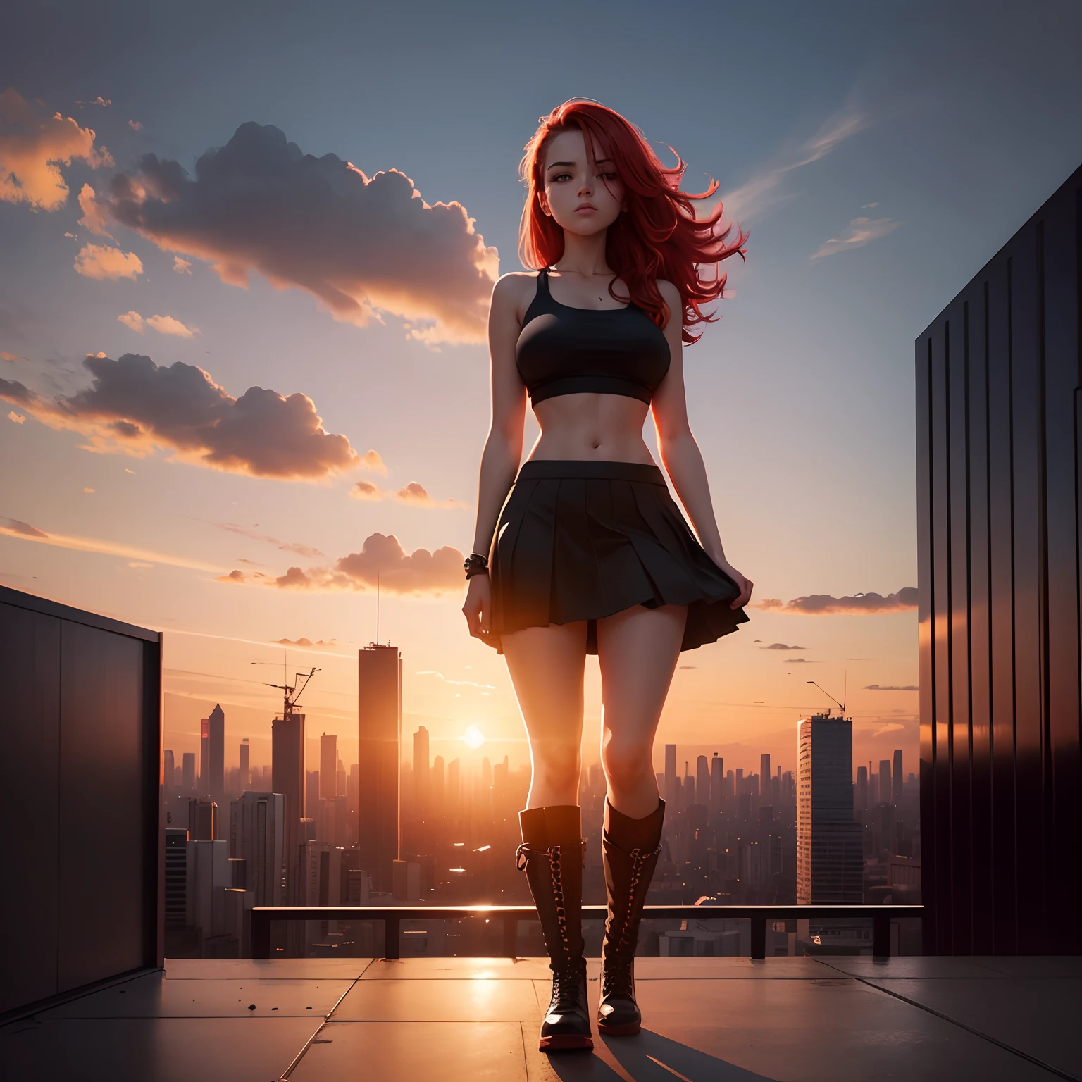 ((best illustration)) Brazilian girl, red hair, teenage body, black top, black tight skirt, black boot, urban landscape, building, skyline, sunset, silhouette against the clouds, contemplative.