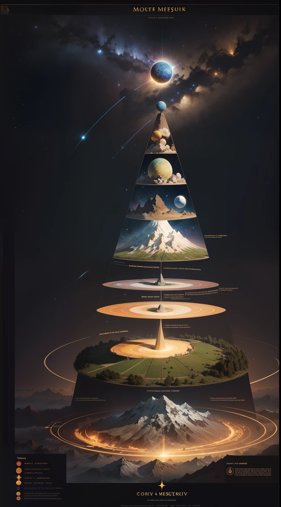 Mount Meru，Hierarchical diagram of multi-layered universes，Detailed chart annotations，Triangle boundary，The dividing line of mysticism，Mountain and planetary hierarchy，Surrounded by stars，Star chart，Very much detail is rich，Complex display charts，Alchemy Universe，Astronomy Teaching Diagram，