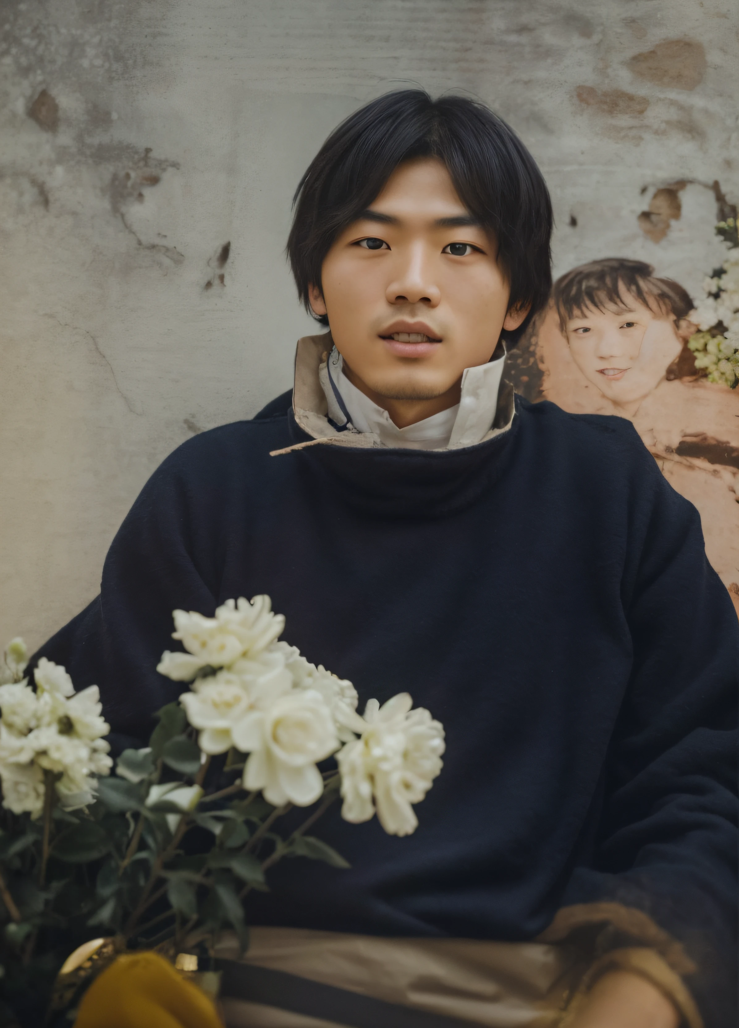Portrait of a 30-year-old young Chinese man,Good facial features,Symmetrical facial features,Clear ears,Ultra-clear and realistic facial features,black color hair,He was dressed in traditional ethnic minority clothing,Ultra-clear texture,Camera shooting effect,Light and shadow are natural,Collar coordination,Ultra-clear realistic 8K,Very detailed eyes and face, hugefilesize, In one hand was a bouquet of white flowers,Ultra detail, High definition, The background is some old small photos,Very detailed, Best quality, Masterpiece, , Realistis, Real, 8K wallpaper,Background details for foreground objects (Masterpiece: 1.2) (Photorealistic: 1.2) (Bokeh: 1.2) (Best quality) (Color grading) (Detailed skin: 1.3) (complex) (8K) (hdr) (Movie lighting: 1.3) (Sharp focus), Glossy glossy skin, Front-facing Ultra HD, Digital SLR, Soft lighting, High quality, film gram, Fujifilm XT3 skin texture, filmgrain, Close up, 超高分辨率,