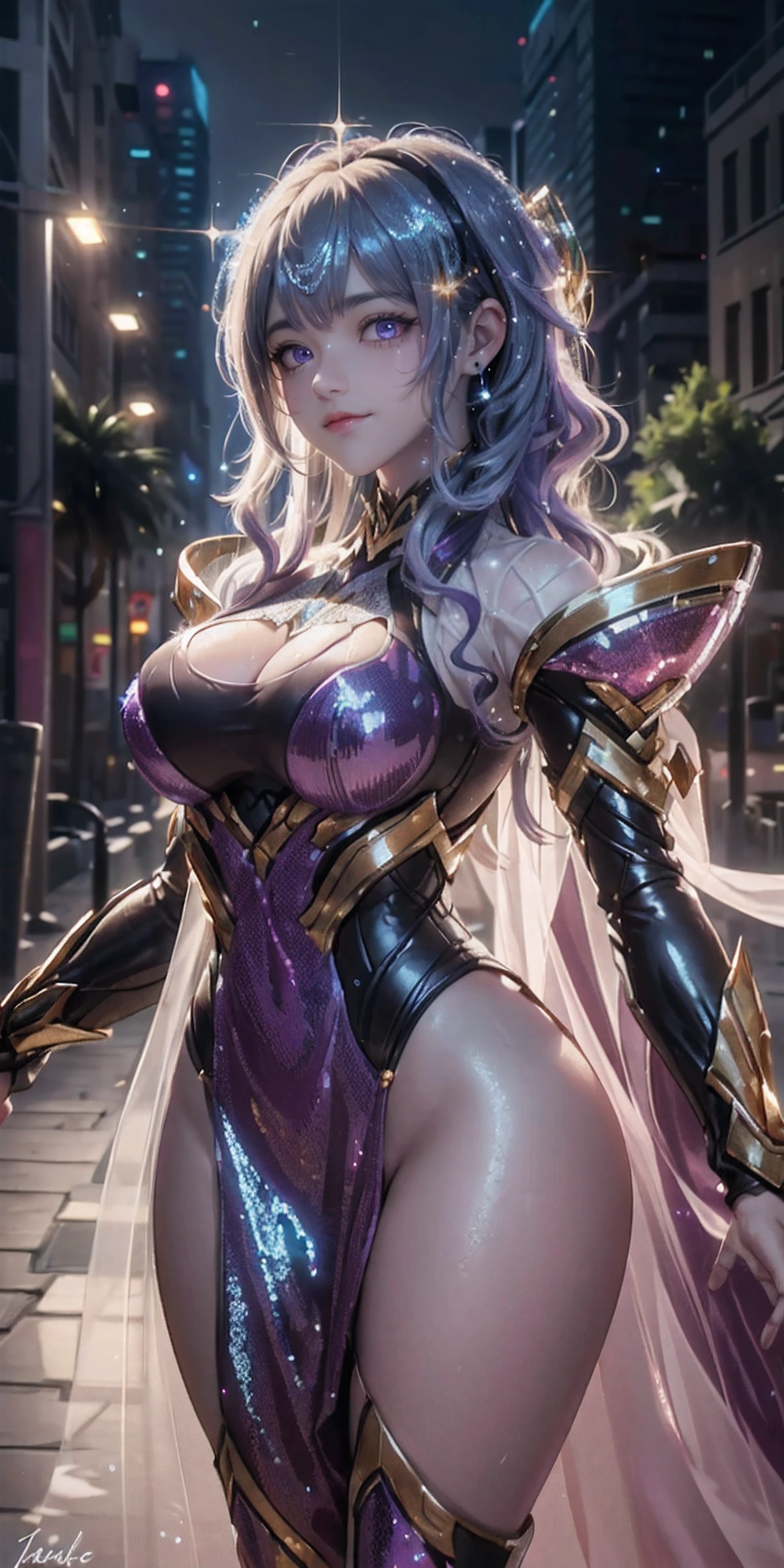 Best quality, masterpiece, ultra high res, (photorealistic:1.4), raw photo, aesthetics and atmosphere, dark shot, film grain, soft focus, bokeh, night shot, masterpiece realistic volumetric light,,1girl, purple eyes, white hair, curly hair, smirk, (freckles:0.8), thigh, medium breasts, upper body, (sparkly:1.3) sequins long cns dress, ray tracing reflection, desert street, path, city lights, incredible sky, relying on the wall, from side,