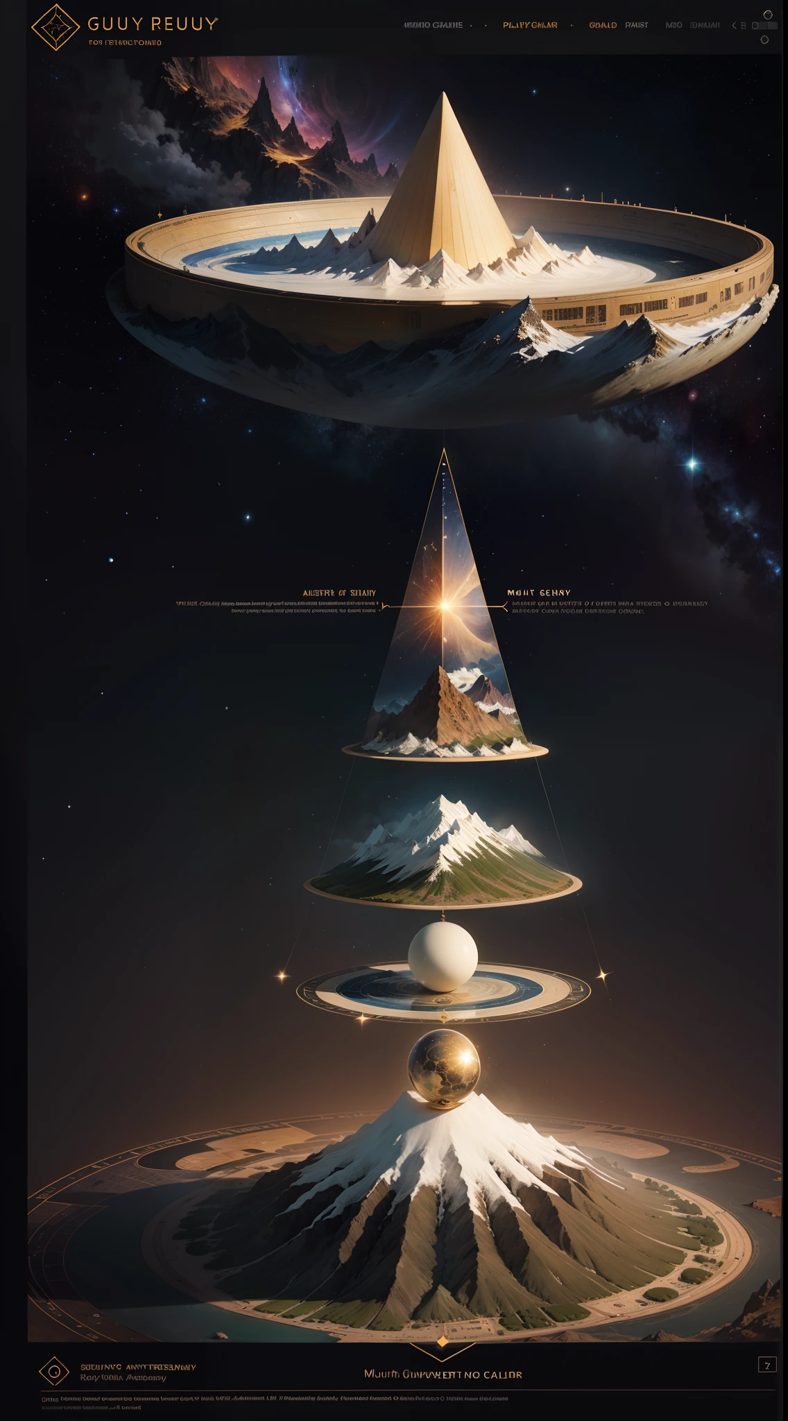 Mount Meru,Hierarchical diagram of multi-layered universes,Detailed chart annotations,Triangle boundary,The dividing line of mysticism,Mountain and planetary hierarchy,Surrounded by stars,Star chart,Very much detail is rich,Complex display charts,Alchemy Universe,Astronomy Teaching Diagram,