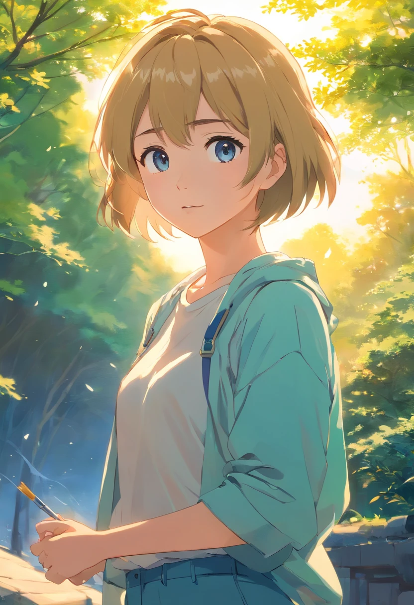 Masterpiece, Best quality, cinematic Film still from, s girl, Close-up, Bright, cheerfulness, Warm and soft lighting, Sunset, (spark of light:0.7), with short golden hair, Small ring hair, Golden eyes, Shy, Golden tree background, Long hair, Blush, Short yellow sleeves, fantasy, open waist,Full body standing painting,Blue super shorts