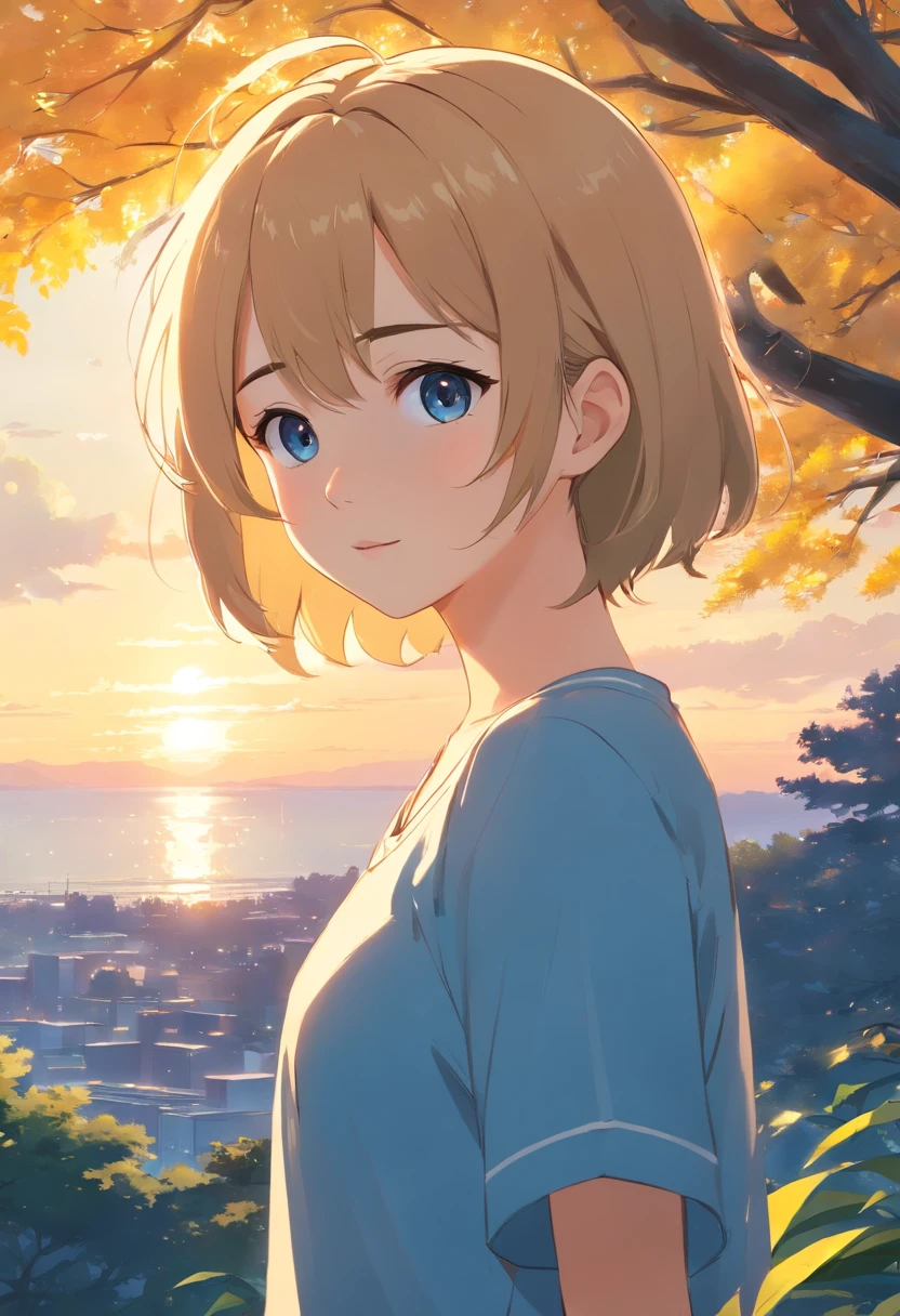 Masterpiece, Best quality, cinematic Film still from, teens girl, Close-up, Bright, cheerfulness, Warm and soft lighting, Sunset, (spark of light:0.7), with short golden hair, Small ring hair, Golden eyes, Shy, Golden tree background, Long hair, Blush, Short yellow sleeves, fantasy, open waist，Full body standing painting，Blue super shorts