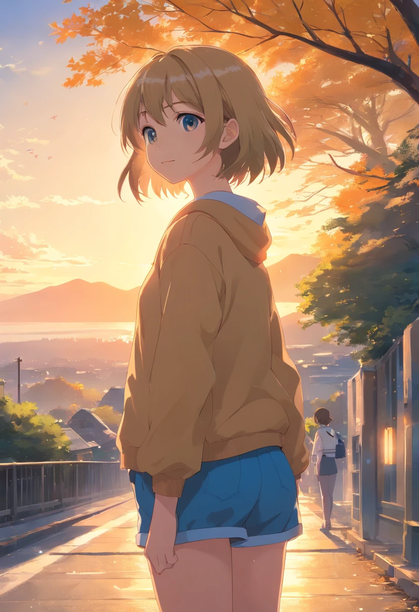 Masterpiece, Best quality, cinematic Film still from, s girl, Close-up, Bright, cheerfulness, Warm and soft lighting, Sunset, (spark of light:0.7), with short golden hair, Small ring hair, Golden eyes, Shy, Golden tree background, Long hair, Blush, Short yellow sleeves, fantasy, open waist,Full body standing painting,Blue super shorts