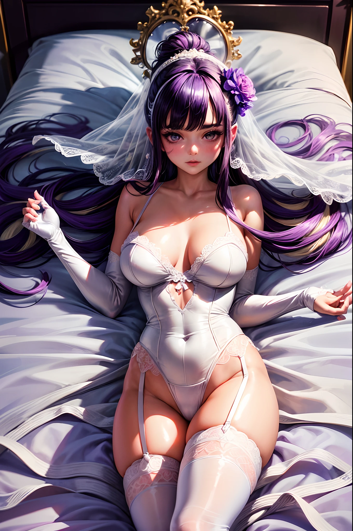 (masterpiece, best quality, supeior quality, intricate details, beautiful, aesthetic:1.2), high quality, 8k, RAW, ultra details, extremely dellicate and beautiful, real shadow, (challenging look), (dinamic pose:1.8), photorealistic, highly detailed painting, award winning painting, marvelous painting, artistic style, 1girl, petite:1.2, (two-tone hair:1.5), lying on bed, white bed, (showing purple thong:1.3), elbow gloves, hair ornament, looking at viewer, large reasts, Bridal, veil, wedding dress, full body, white thighhighs, garter straps, ahoge, hair flower, blush, bangs, flowers, hand holding dress, petal, flowers, (perfect hands:1.1),