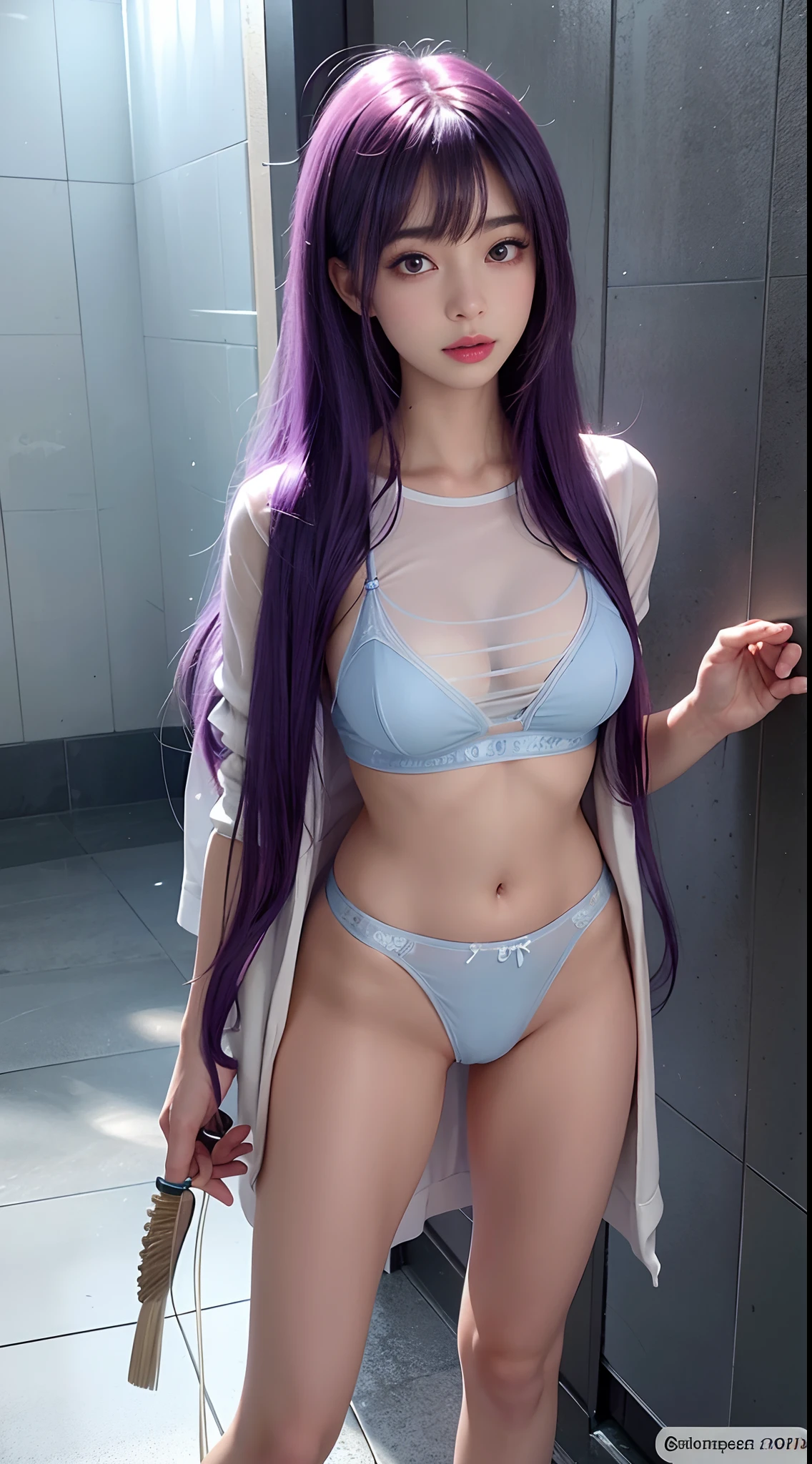 （（top-quality，16k，tmasterpiece：1.3）），Ayami Shiina，21yo，european female，Beautiful Women in Perfect Shape：1.3，（（Purple colored hair）），（（Beautiful udder：1.3）），（Showers，hazy water）），（Transparent underwear and bristles））），（浴室）），（（suspending）），（（Raised sexy）），（（standing on your feet）），（Wet breasts）），（Drenched Body）））），（Soaked））），（Soaked））），Transparent underwear bites，streaked，Hair covered beautifully，blue colored eyes