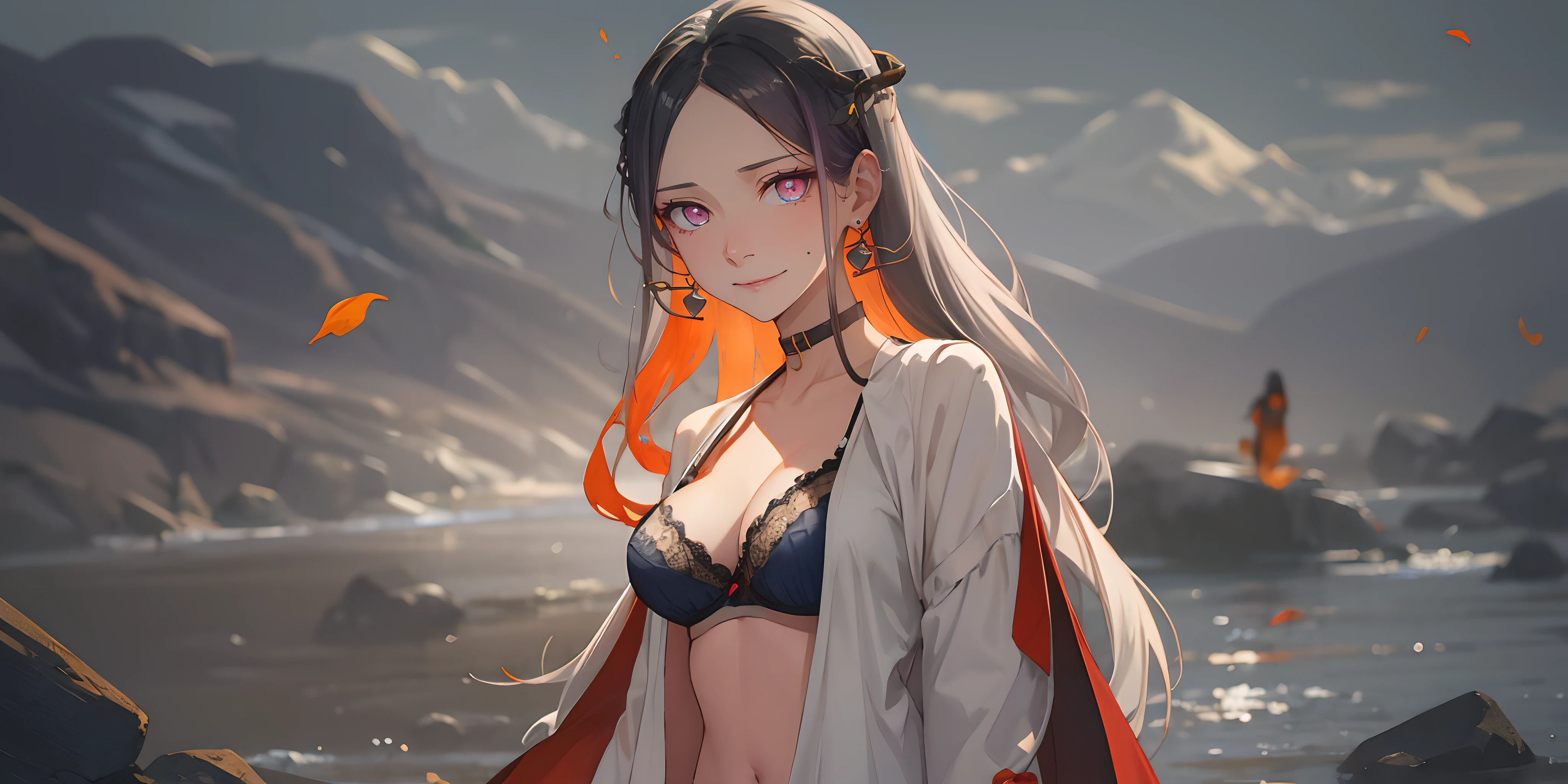 , (long hair, black hair:1.5), forehead, choker, 1girl, underwear, bra, earrings, solo, breasts, open_clothes, looking_at_viewer, water, parted_lips, mountain, huge_breasts, cleavage, upper_body, outdoors, lace-trimmed_bra, black_bra, wind, glow effects, godrays, Hand drawn, render, 8k, octane render, cinema 4d, blender, dark, atmospheric 4k ultra detailed, cinematic, Sharp focus, big depth of field, Masterpiece, colors, 3d octane render, 4k, concept art, trending on artstation, hyperrealistic, Vivid colors, extremely detailed CG unity 8k wallpaper, trending on CGSociety, Intricate, High Detail, dramatic,