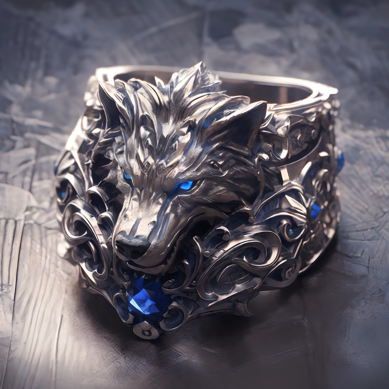 Masterpiece, highest quality, (Nothing but the ring), (No Man), ring set with (Carved wolf head in platinum:1.8), sapphire set eyes, Damaskin alloy material, winding from end to end, delicate silver ring, soft light mist, gloss, positive image, sparkling blue purple stones, elegant noble, simple background