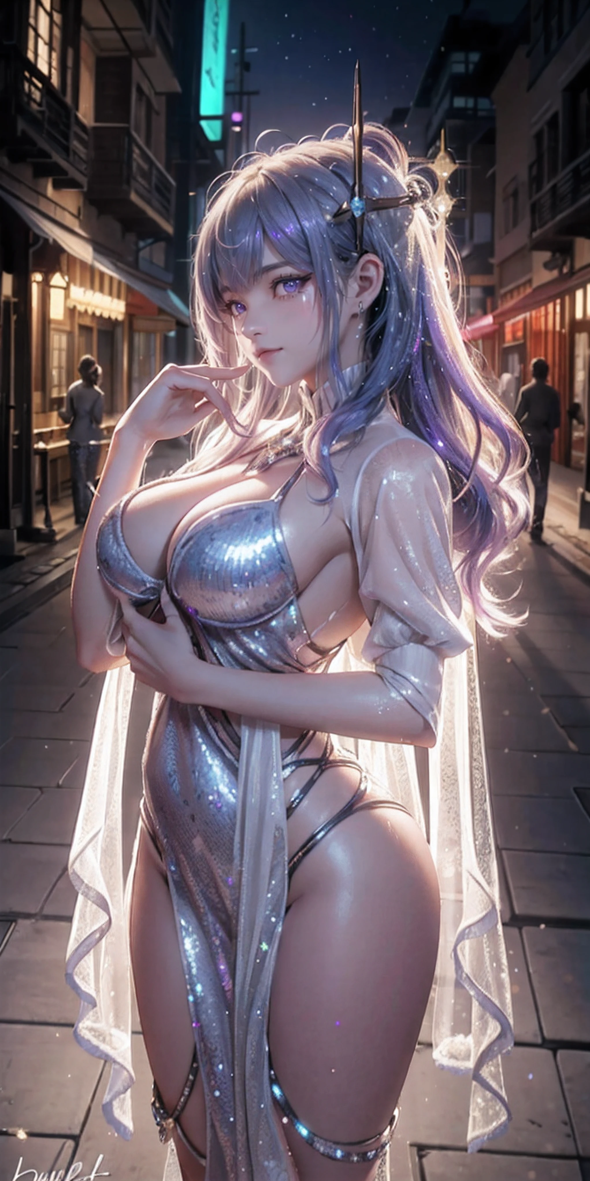 Best quality, masterpiece, ultra high res, (photorealistic:1.4), raw photo, aesthetics and atmosphere, dark shot, film grain, soft focus, bokeh, night shot, masterpiece realistic volumetric light,,1girl, purple eyes, white hair, curly hair, smirk, (freckles:0.8), thigh, medium breasts, upper body, (sparkly:1.3) sequins long cns dress, ray tracing reflection, desert street, path, city lights, incredible sky, relying on the wall, from side,