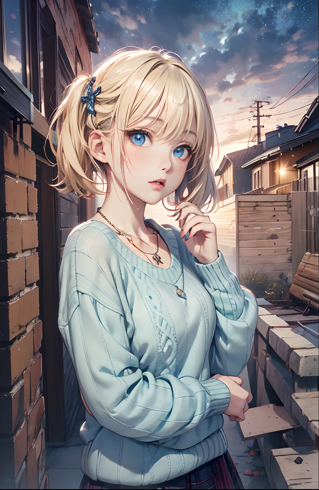 absurderes,bright colour,concept-art, 8K,Short hair,Blonde hair with short twin tails, Shiny hair, Delicate beautiful face, red blush、(Deep Blue Eyes:1.3), hair clips, a necklace, (Light plaid sweater:1.2), Beautiful cloud, (Dusk sky),(Cowboy Shot:1.3)