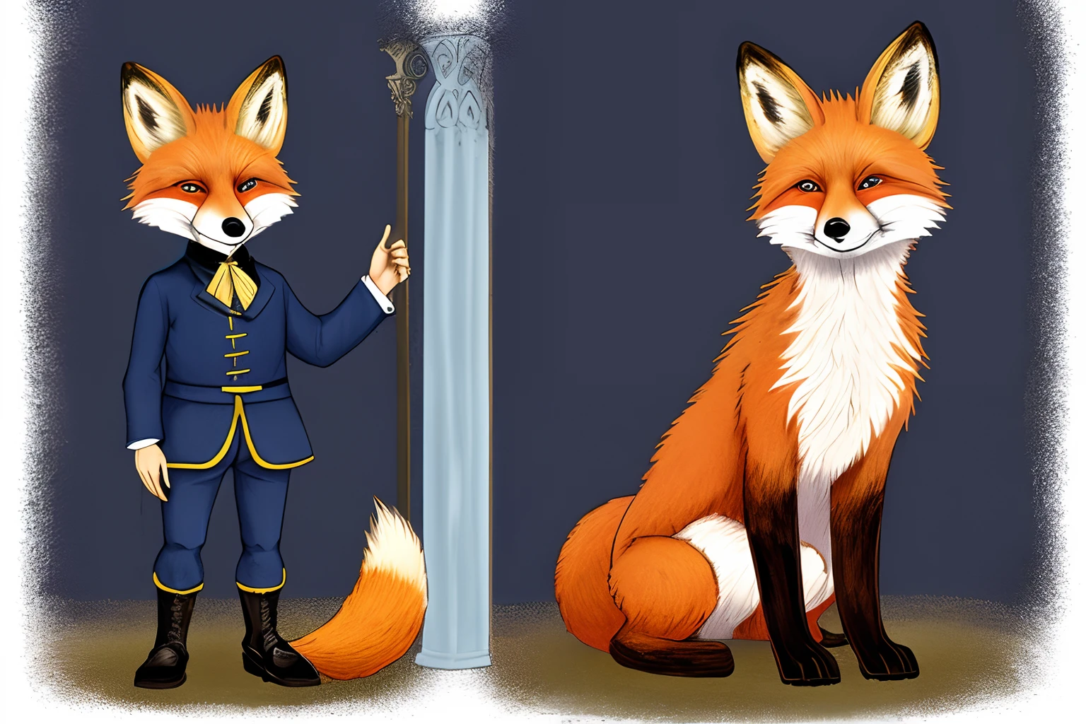 Furry male red fox blue pupils big tail standing wearing medieval tuxedo night magic manor