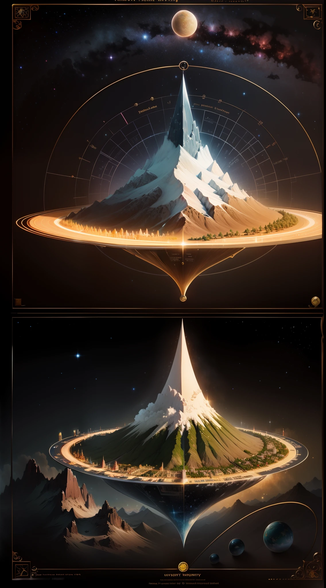Mount Meru,Hierarchical diagram of multi-layered universes,Detailed chart annotations,Triangle boundary,Mysticism dividing line,Planetary hierarchy,Surrounded by stars,Star chart,Detailed details are plentiful,Display the chart symmetrically,Alchemy Universe,Astronomy Teaching Diagram,