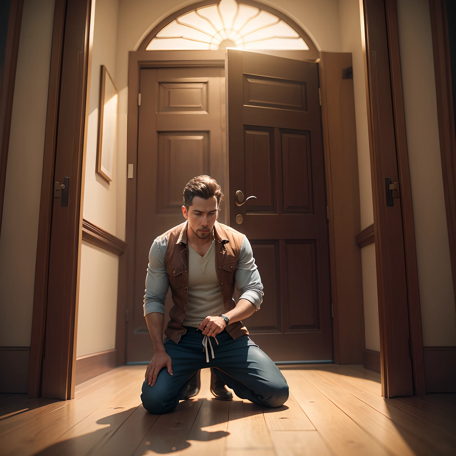 Create a realistic cinematic image of a man kneeling in front of an open door