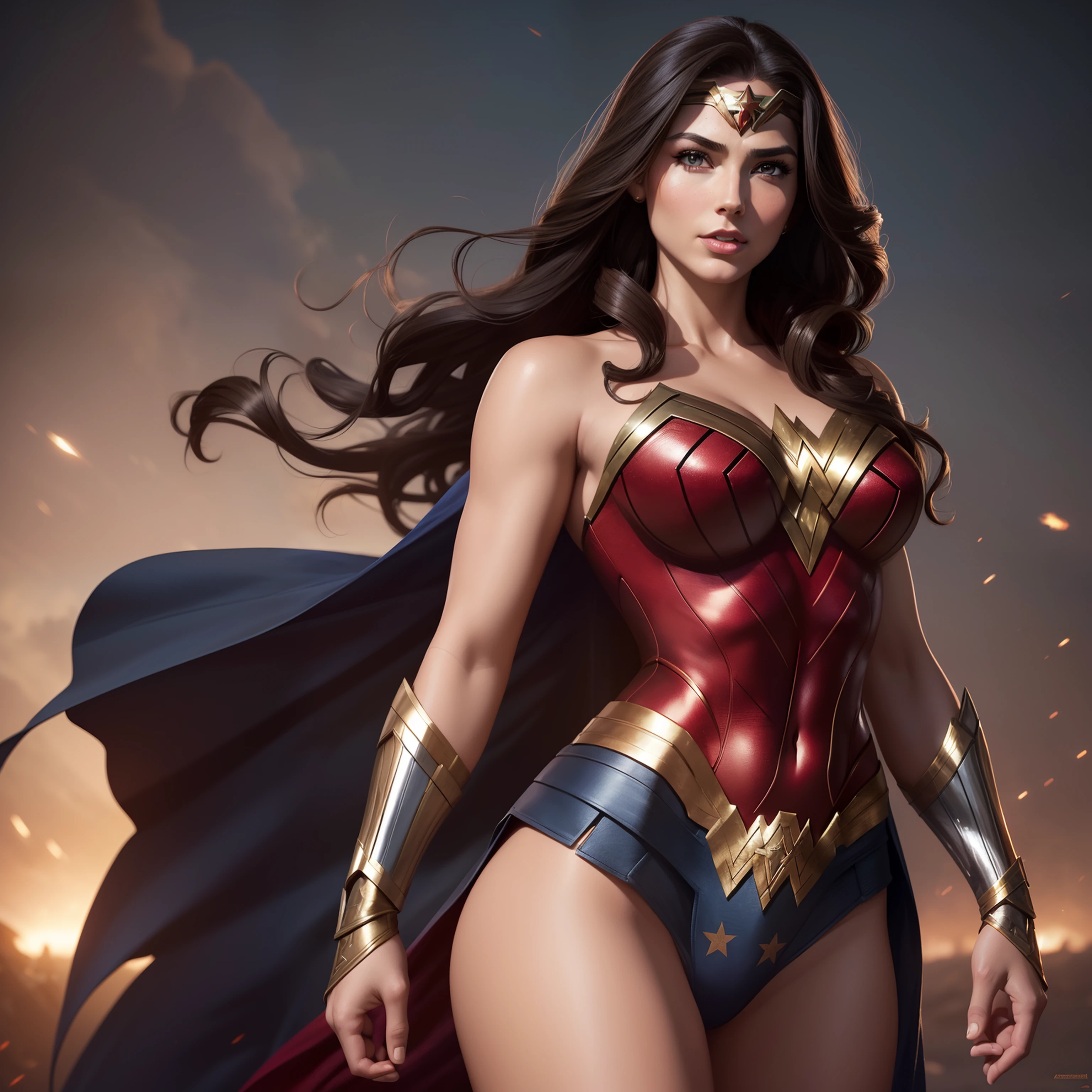 Generate a masterpiece in the best quality, achieving a photorealistic and cinematic appearance with ultra-detailed features, rendered in 8k resolution. The composition should be a wide shot, capturing Wonder Woman's full body in a dynamic and powerful pose.

The central figure is Wonder Woman. She wears a meticulously designed attire that reflects her iconic warrior image. The bodice is snug and durable, colored in deep red with intricate gold accents. The gold accents form a prominent "W" on her chest, symbolizing her title and identity.

Her outfit includes a blue skirt that reaches mid-thigh, engineered for optimal movement and practicality in battle. The skirt boasts gold trim and layered details, achieving both elegance and functionality on the battlefield.

Accentuating her fierce appearance, Wonder Woman dons gold bracelets that possess the ability to deflect attacks. These gauntlets, also gold, provide protection for her forearms and contribute to her warrior aesthetic.

On her feet, she wears golden sandals with ankle and calf straps. These sandals are designed for comfort and shock absorption, while intricate Amazonian patterns are engraved into the gold, marrying style with utility.

Perched above her eyes is a gold tiara adorned with a star-shaped emblem. This tiara is a representation of hope and her royal standing, further emphasizing her strength and guidance