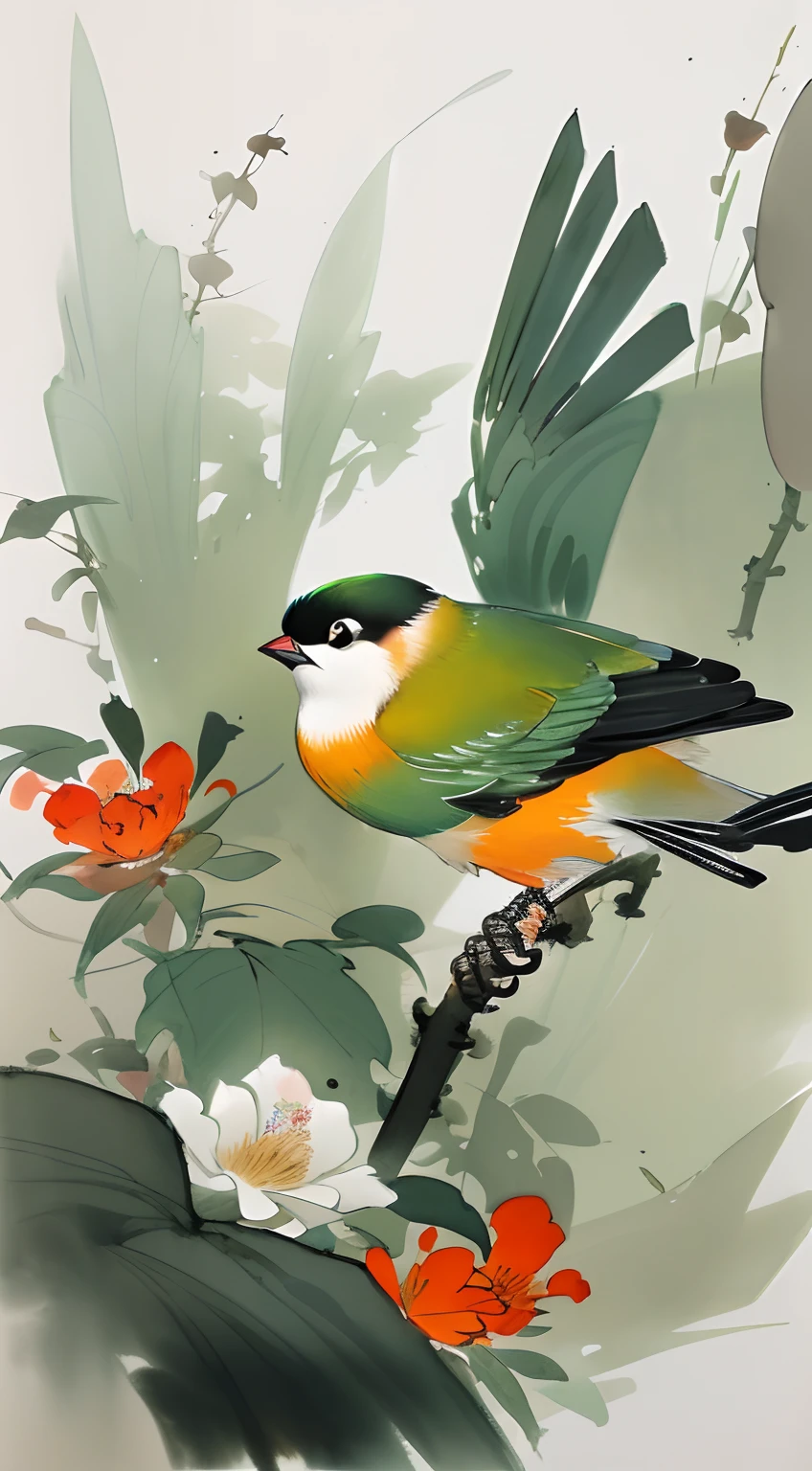 birds and flowers，[(White background:1.5)::5]，China-style，florals，flowers in full bloom，Flowers，green leaf，Colorful feathered birds，steins，rays of sunshine，an Chinese ink painting style，aquarelle，（light and shadow effect），（Movie lighting），（rendering by octane），（depth of fields），（Obvious layers），Beautiful and detailed pictures，（Masterpiece），（8k wallpaper），（Master painting）