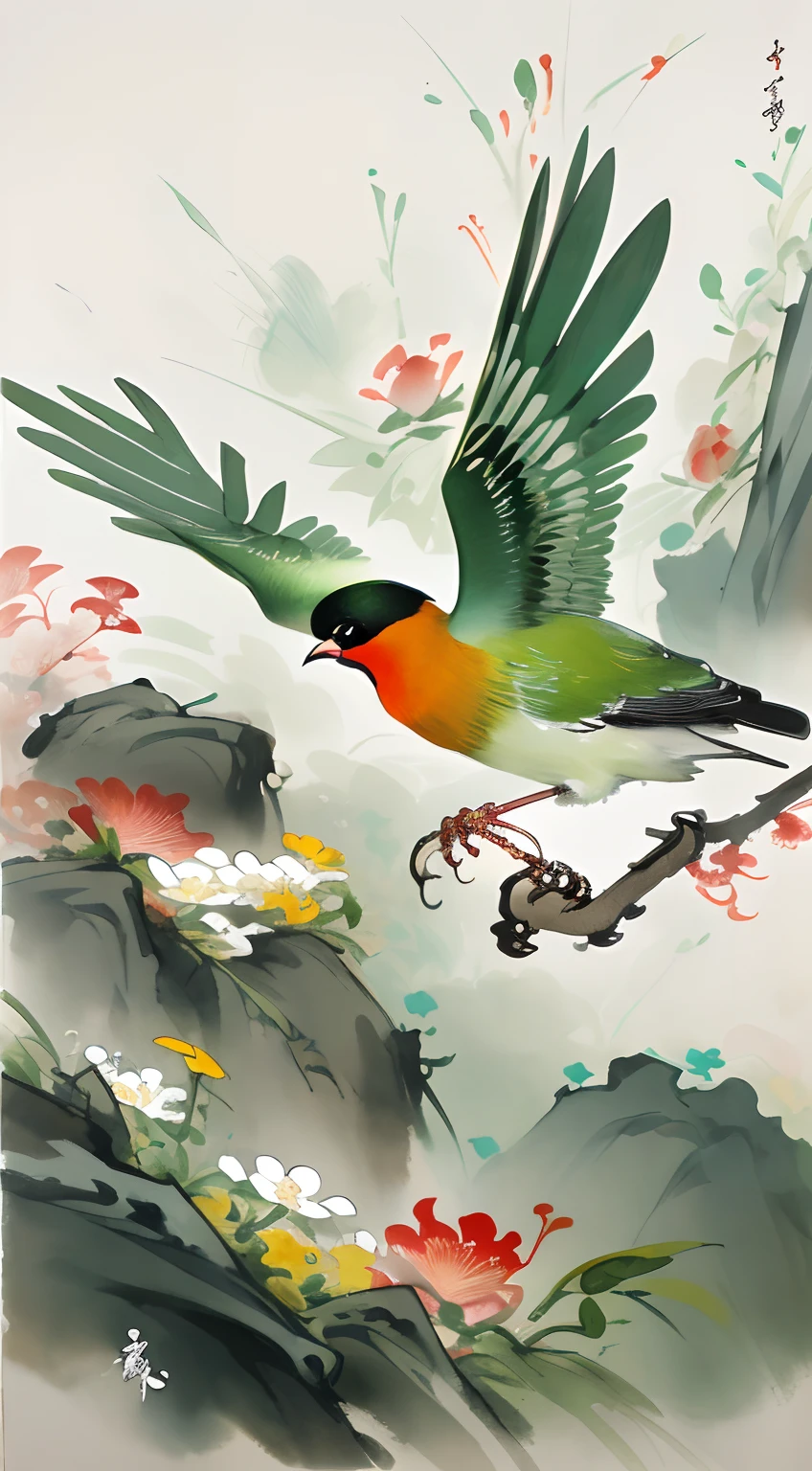 birds and flowers，[(White background:1.5)::5]，China-style，florals，flowers in full bloom，Flowers，green leaf，Colorful feathered birds，steins，rays of sunshine，an Chinese ink painting style，aquarelle，（light and shadow effect），（Movie lighting），（rendering by octane），（depth of fields），（Obvious layers），Beautiful and detailed pictures，（Masterpiece），（8k wallpaper），（Master painting）