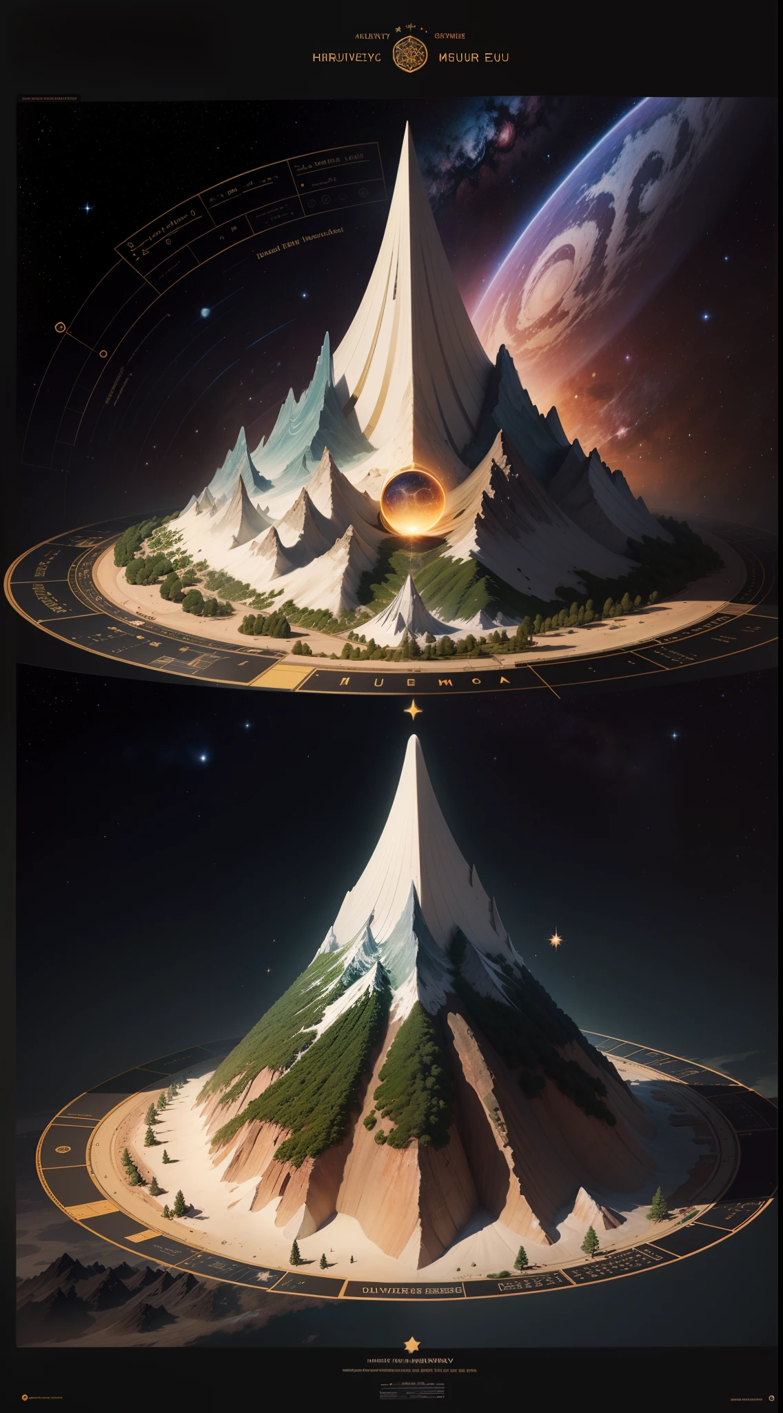 Mount Meru，Hierarchical diagram of multi-layered universes，Detailed chart annotations，Triangle boundary，Mysticism dividing line，Planetary hierarchy，Surrounded by stars，Star chart，Detailed details are plentiful，Display the chart symmetrically，Alchemy Universe，Astronomy Teaching Diagram，