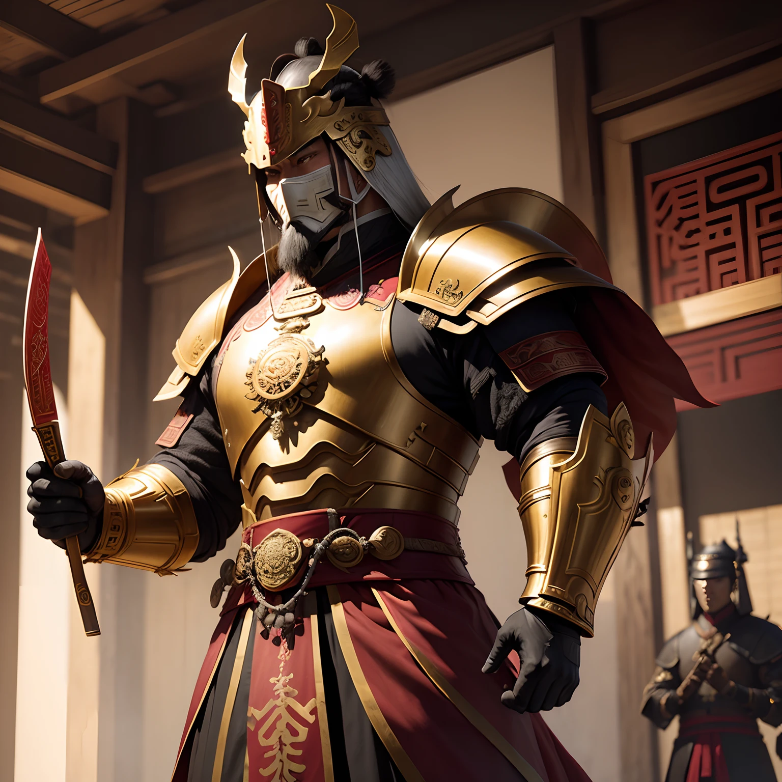 Sanxingdui mask,mechs,Machinary,A sense of mystery,Ancient Shu Kingdom,Traditional culture,Chinese warrior of the Tang Dynasty,Holding a Tang Dynasty Mo knife in hand,Dressed in gold armor,majestic-looking,Homem-Imponente