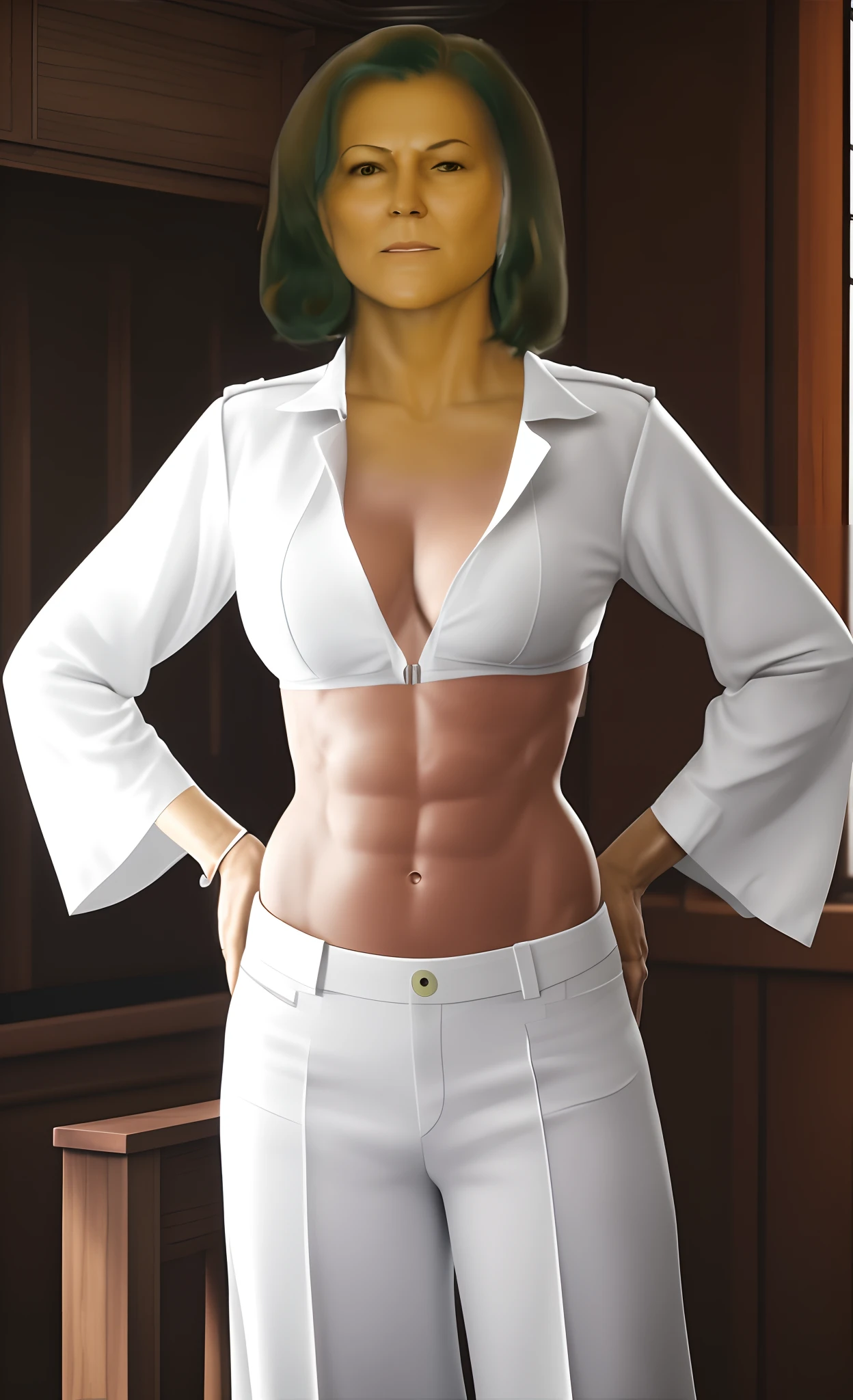 there is an old woman, older female doc savage, 3 d render of a full female body, crop shirt and slightly abs, upper older lady body , gordon freeman as a woman, female human torso, [ slightly abs ]!!, photorealistic mature older body, bared midriff, upper torso included
