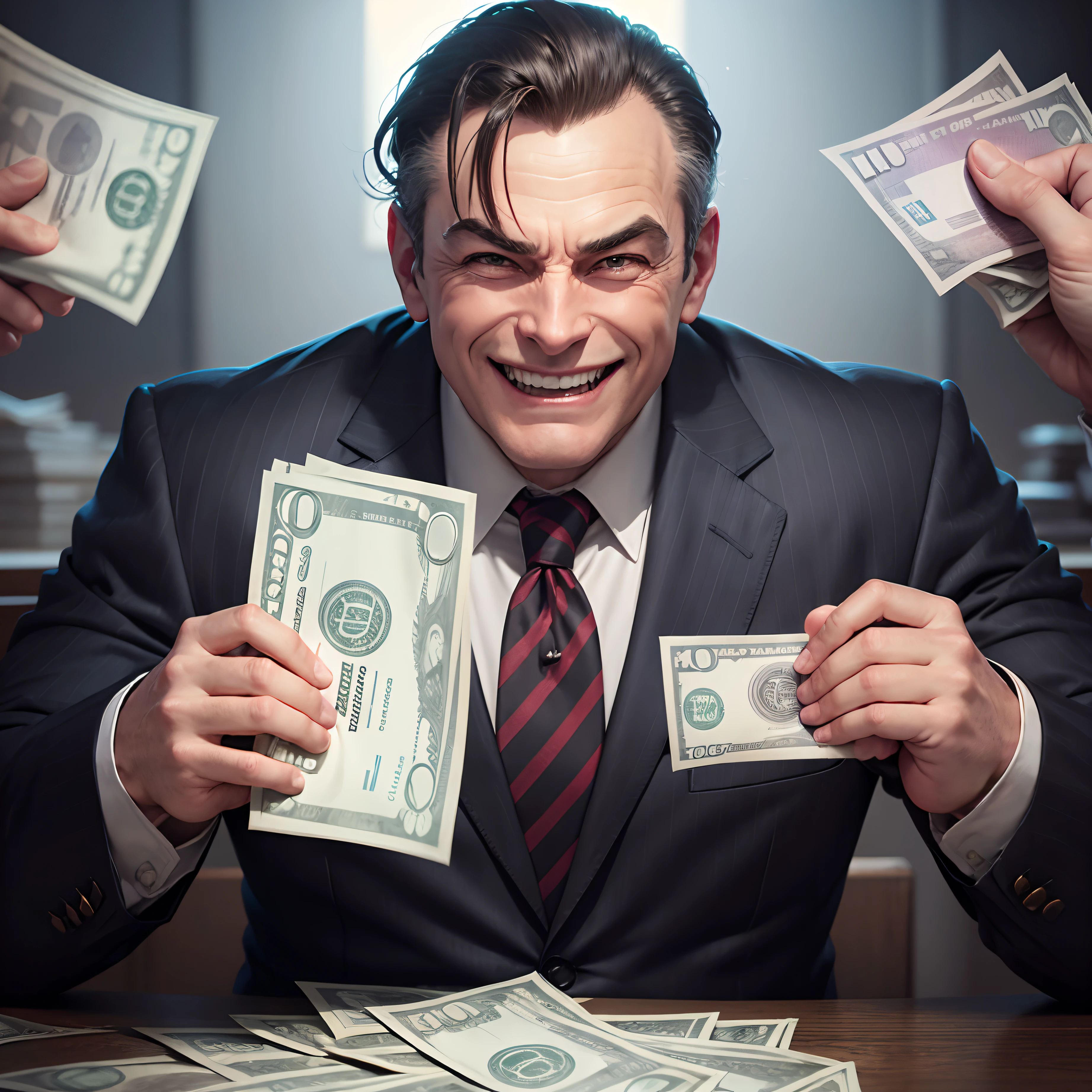 Play a realistic evil businessman, laughing while holding dollars in his hand.