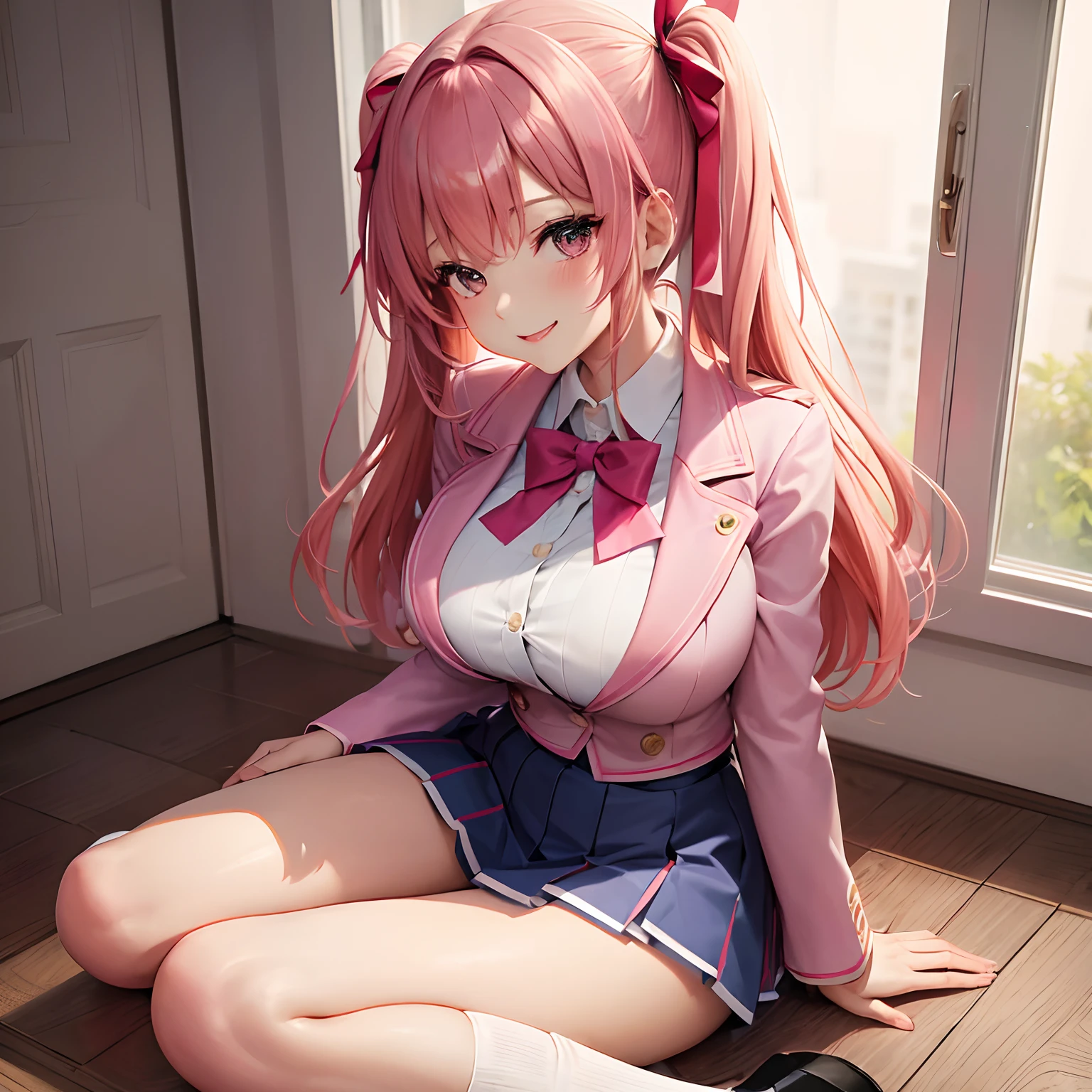 a beauty girl,Ribbon on uniform,blazers,A smile,girl,Pink hair,anime a girl,top-quality,Colossal tits,masterpiece,Excellent style,Erotic Cute,long,超A high resolution,beautiful a girl,Lovely girl,multicolored hair,Loose socks,