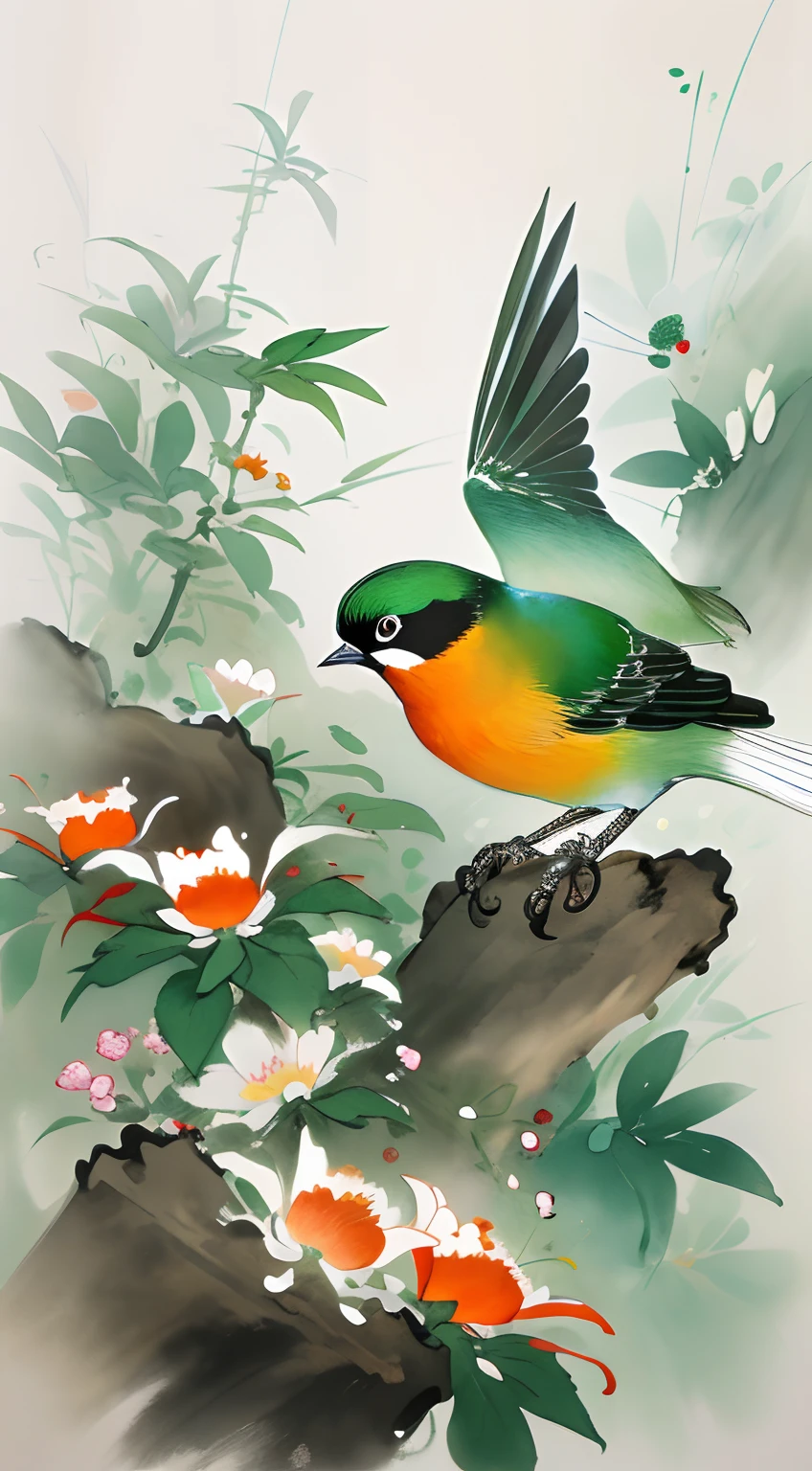 birds and flowers，[(White background:1.5)::5]，China-style，florals，flowers in full bloom，Flowers，green leaf，Colorful feathered birds，steins，rays of sunshine，an Chinese ink painting style，aquarelle，（light and shadow effect），（Movie lighting），（rendering by octane），（depth of fields），（Obvious layers），Beautiful and detailed pictures，（Masterpiece），（8k wallpaper），（Master painting）