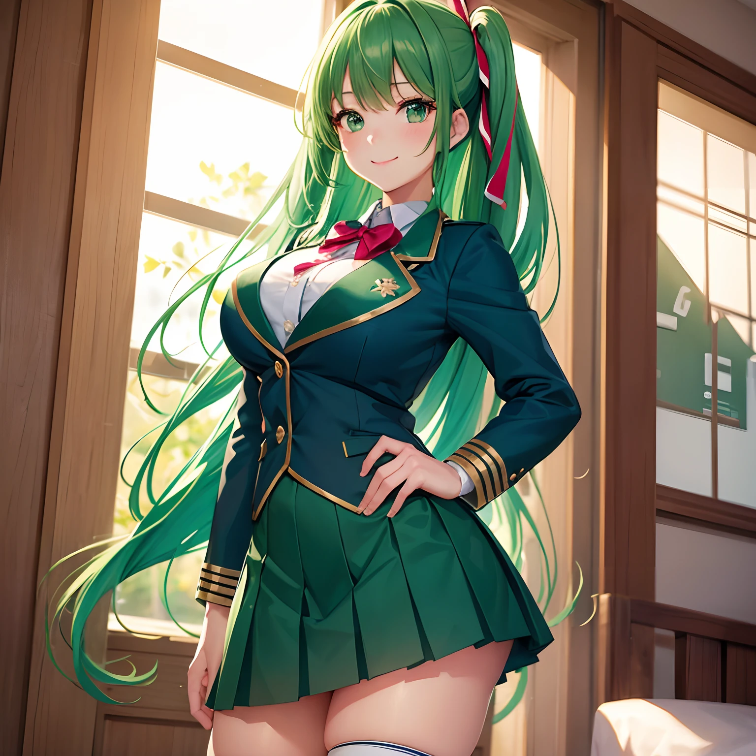 a beauty girl,Ribbon on uniform,blazers,A smile,girl,Green hair,anime a girl,top-quality,Colossal tits,masterpiece,Excellent style,Erotic Cute,long,超A high resolution,beautiful a girl,Lovely girl,multicolored hair,Loose socks,