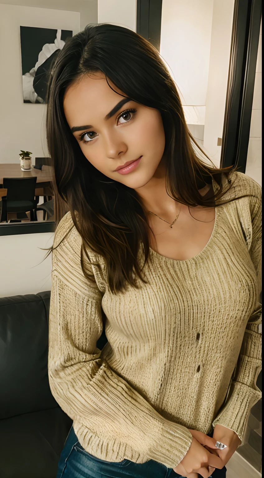 Hyper realistic,A young attractive girl , wearing sweater,solo , selfie photo,glow on face,