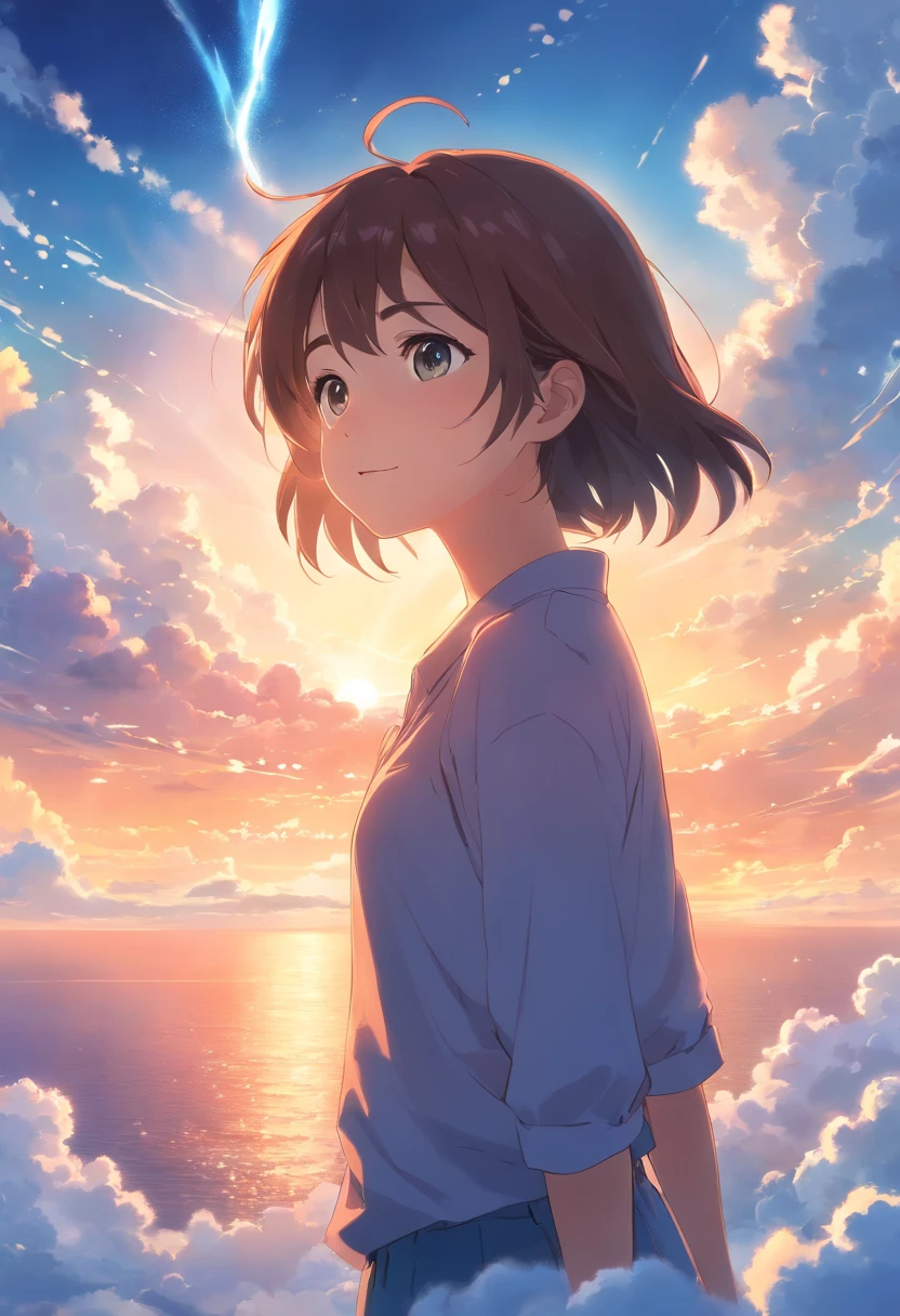 masterpiece, best quality, movie still, 1girl, cloud girl, floating in the sky, close-up, bright, happy, warm soft lighting, sunset, (sparks:0.7)