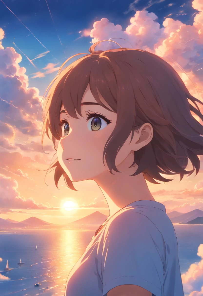 masterpiece, best quality, movie still, 1girl, cloud girl, floating in the sky, close-up, bright, happy, warm soft lighting, sunset, (sparks:0.7)